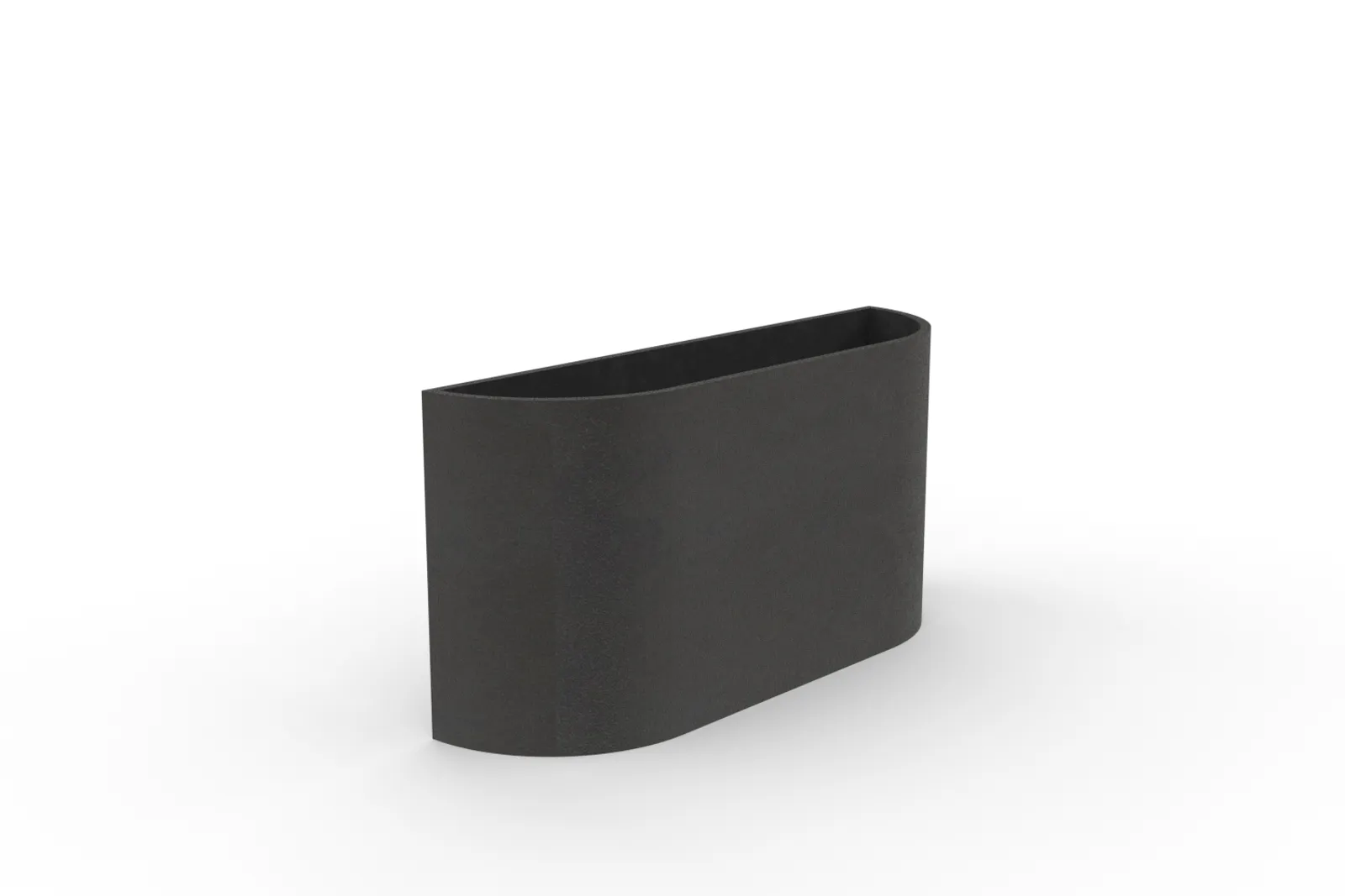 custom planter in steel with half pill shape and matte black powdercoat by Icon Modern