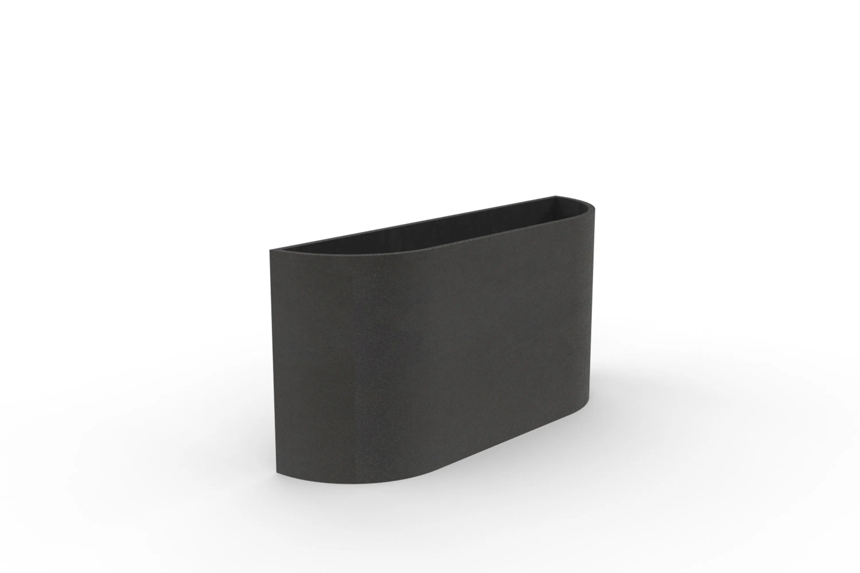 custom planter in steel with half pill shape and matte black powdercoat by Icon Modern