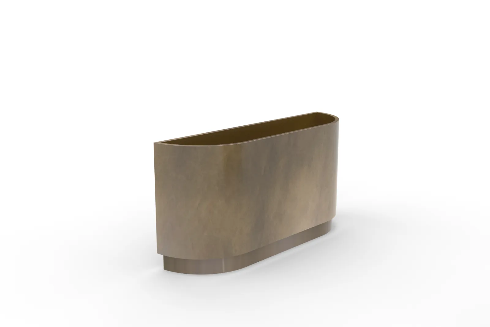 custom planter in steel with half pill shape and brass patina finish by Icon Modern
