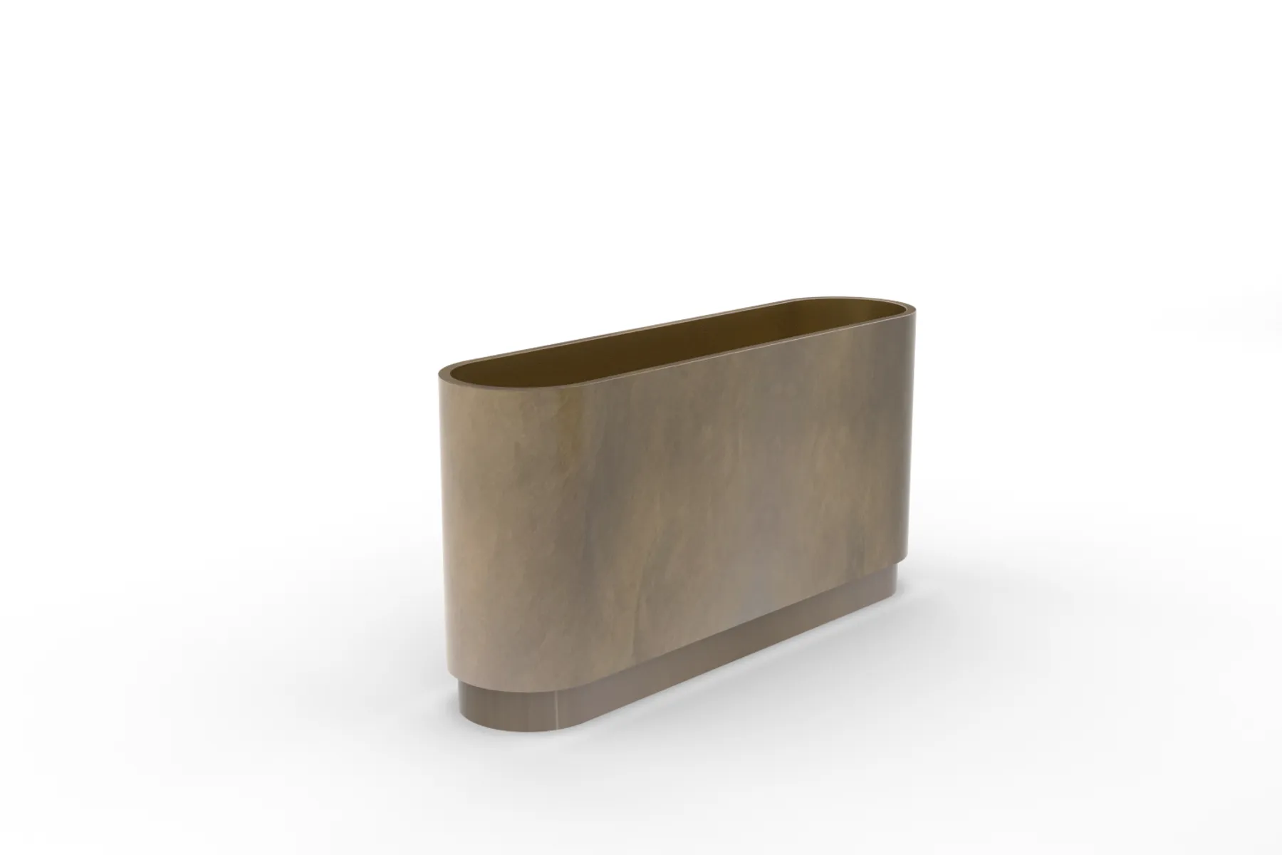 custom planter in pill shape with plinth base and brass patina by Icon Modern