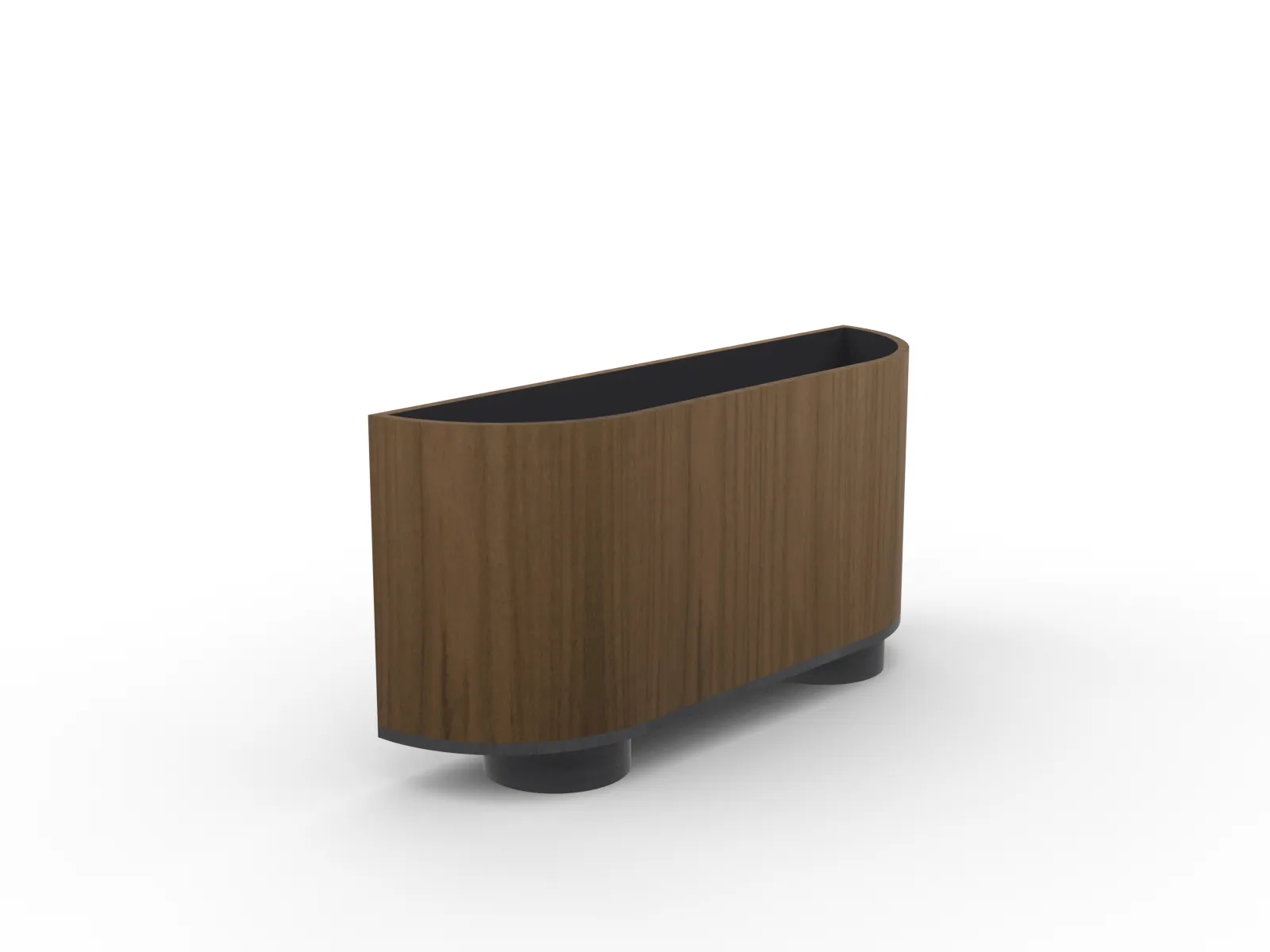 custom planter in walnut veneer in half pill shape with black powdercoated steel drum bases by Icon Modern