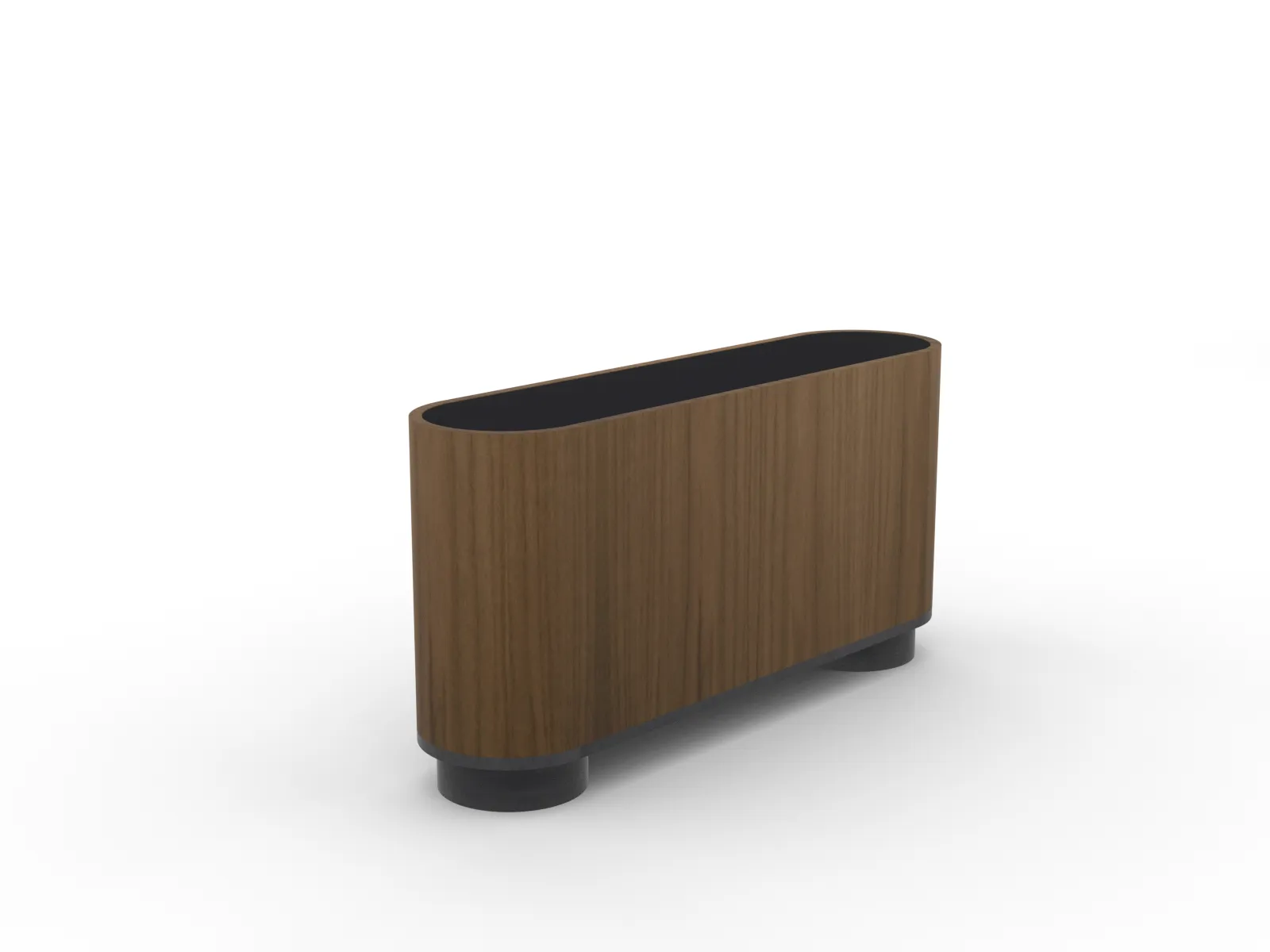 custom planter in walnut veneer, pill-shape with black powdercoated steel drum bases by Icon Modern