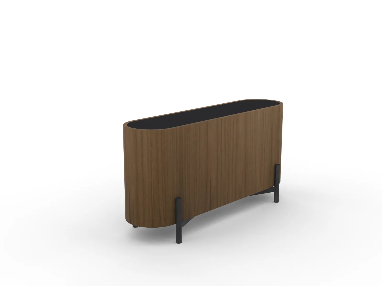 custom planter in walnut veneer, pill-shaped with steel pipe X-base by Icon Modern