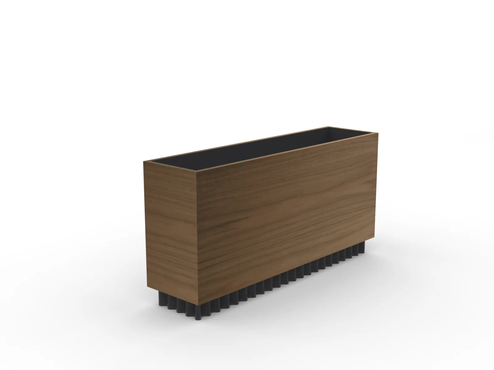 custom planter in walnut veneer with corrugated metal plinth base by Icon Modern