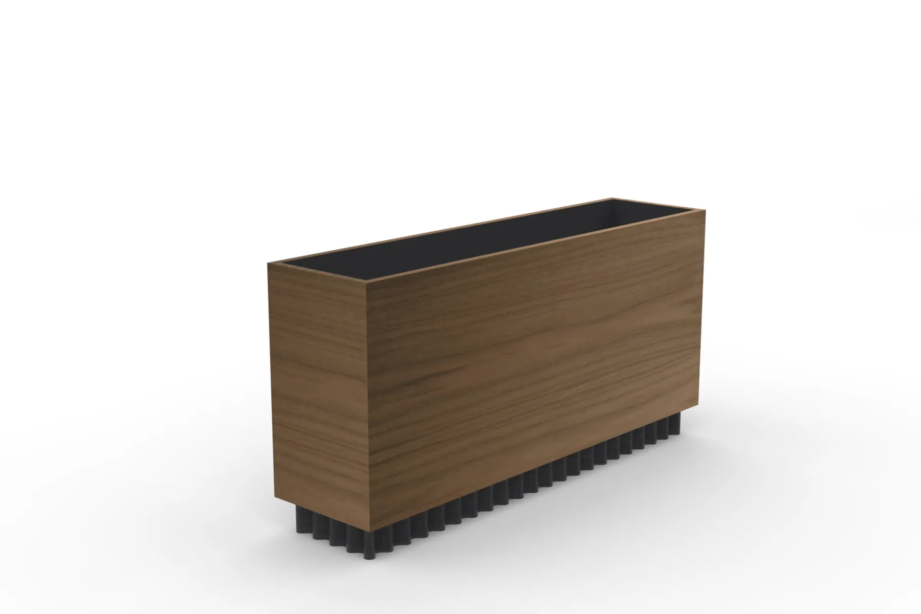 custom planter in walnut veneer with corrugated metal plinth base by Icon Modern