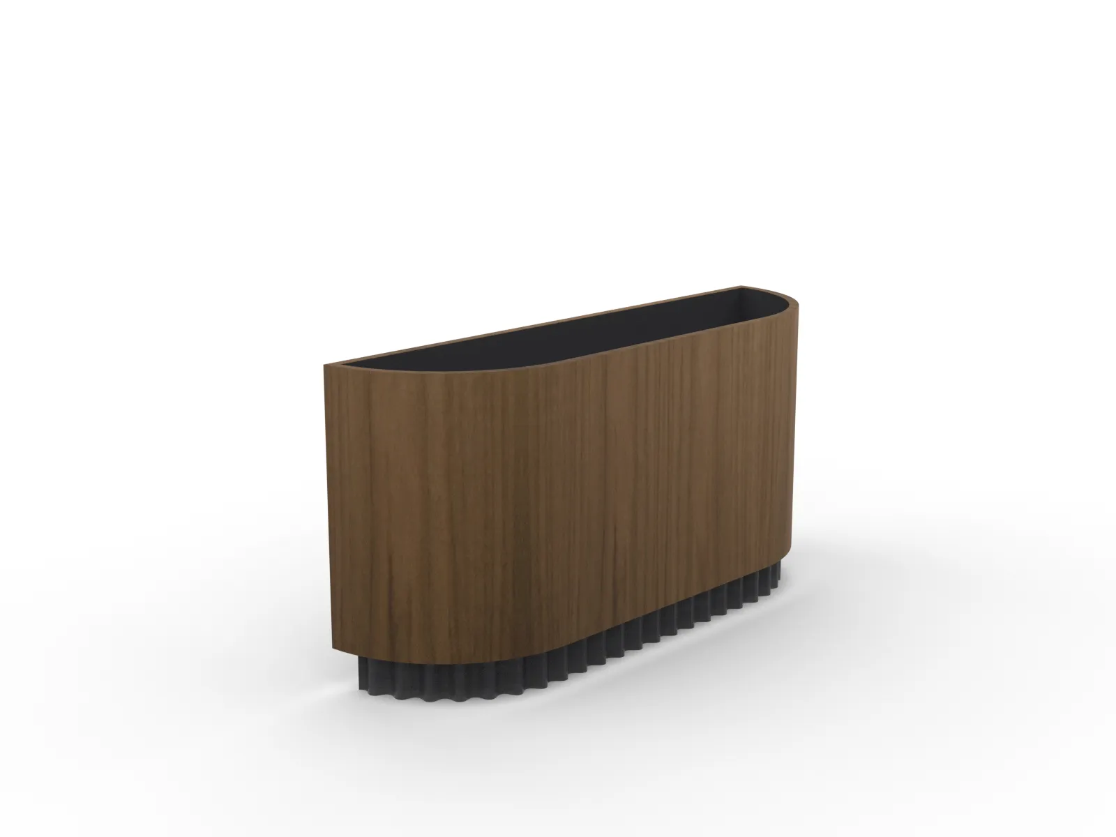 custom planter in walnut veneer and half pill shape with corrugated metal plinth base by Icon Modern
