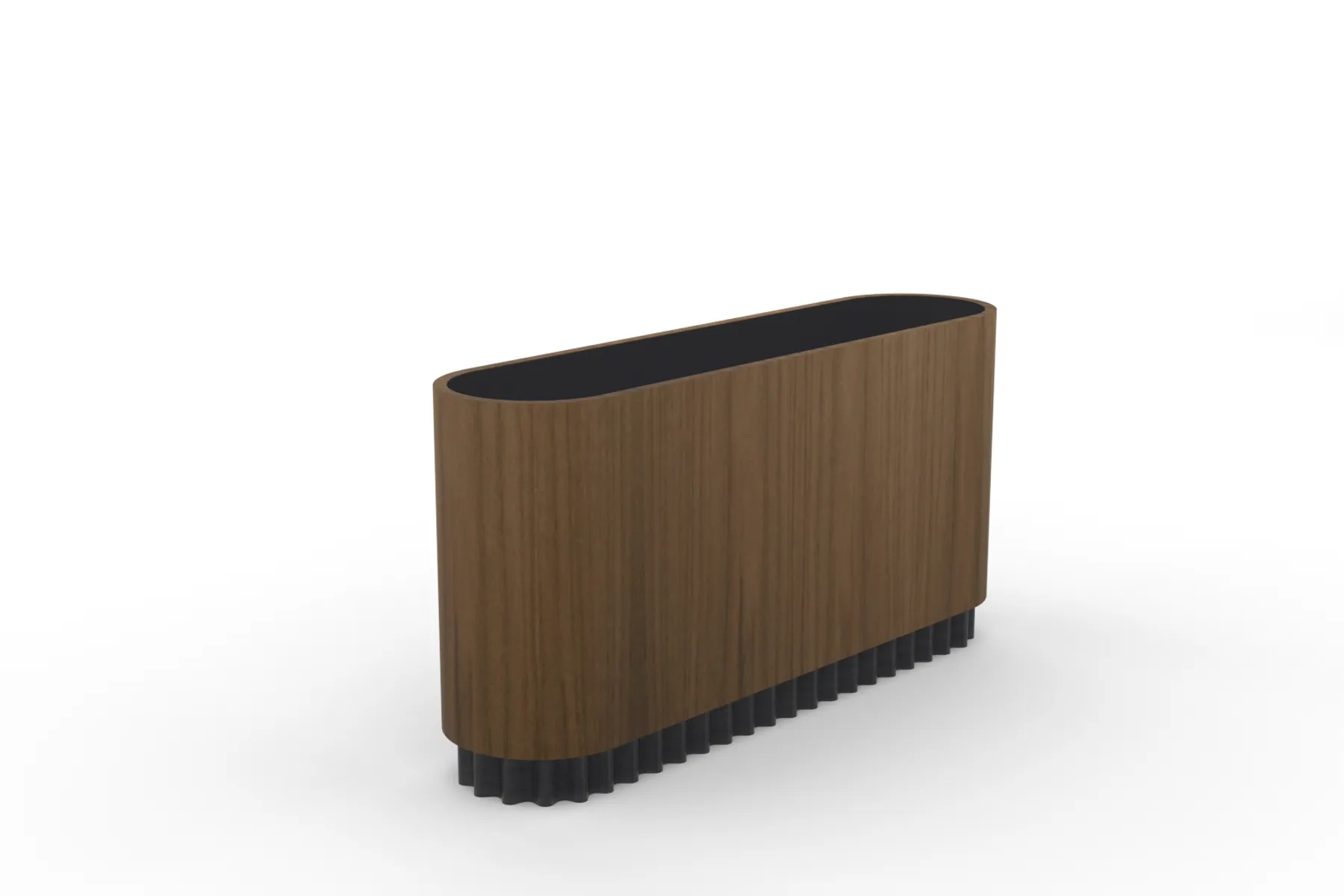 custom planter in walnut venner, pill shape with corrugated metal plinth base by Icon Modern