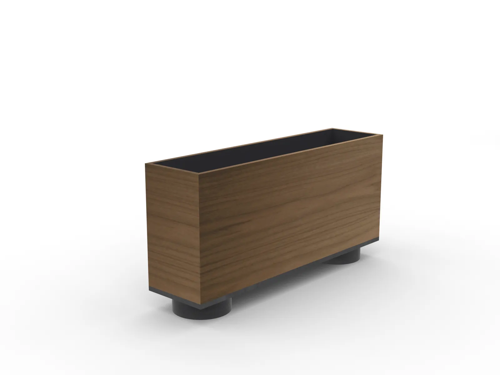 custom planter in walnut veneer with two steel drum bases in black powdercoat by Icon Modern
