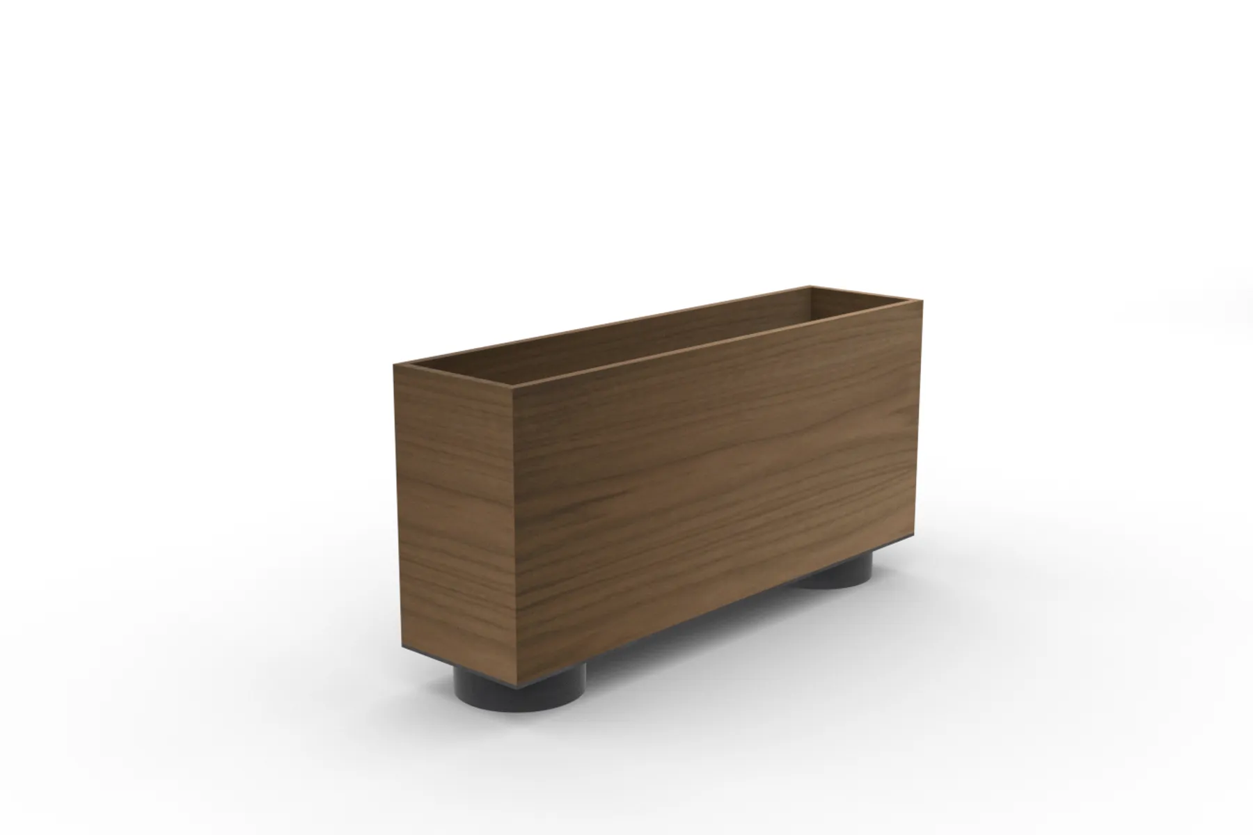 custom planter in walnut veneer with two steel drum bases in black powdercoat by Icon Modern