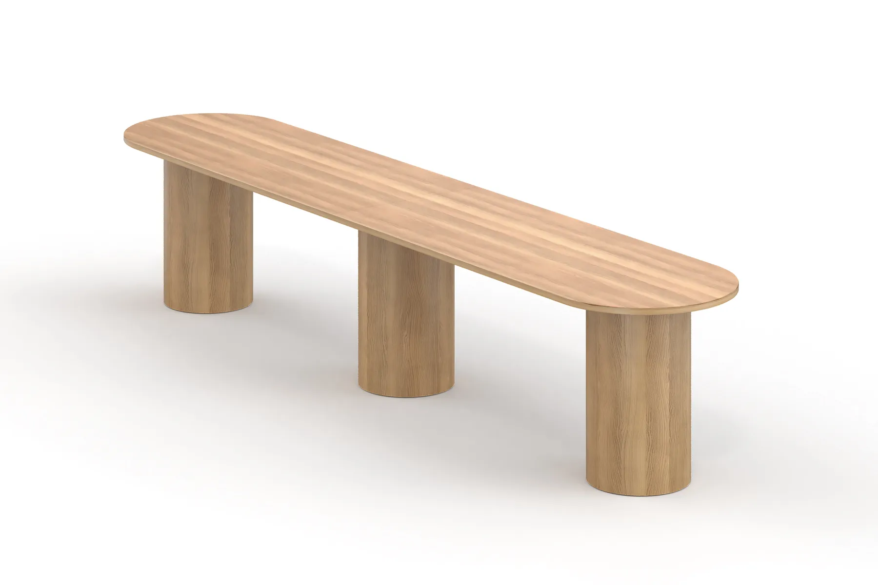 custom community table rendering in oak veneer with drum bases by Icon Modern