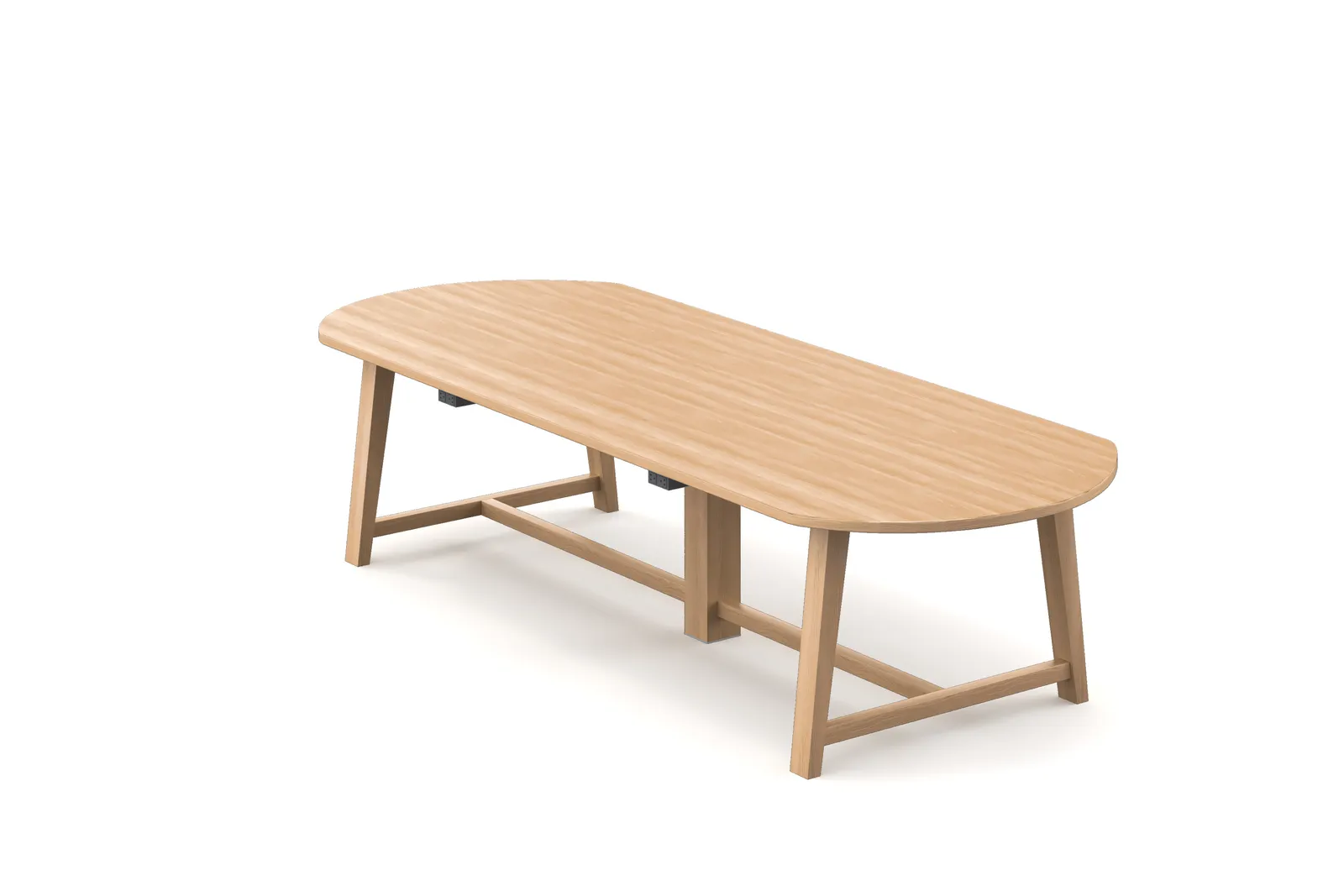 Pill-shaped oak community table rendering + wood angled post base + power units