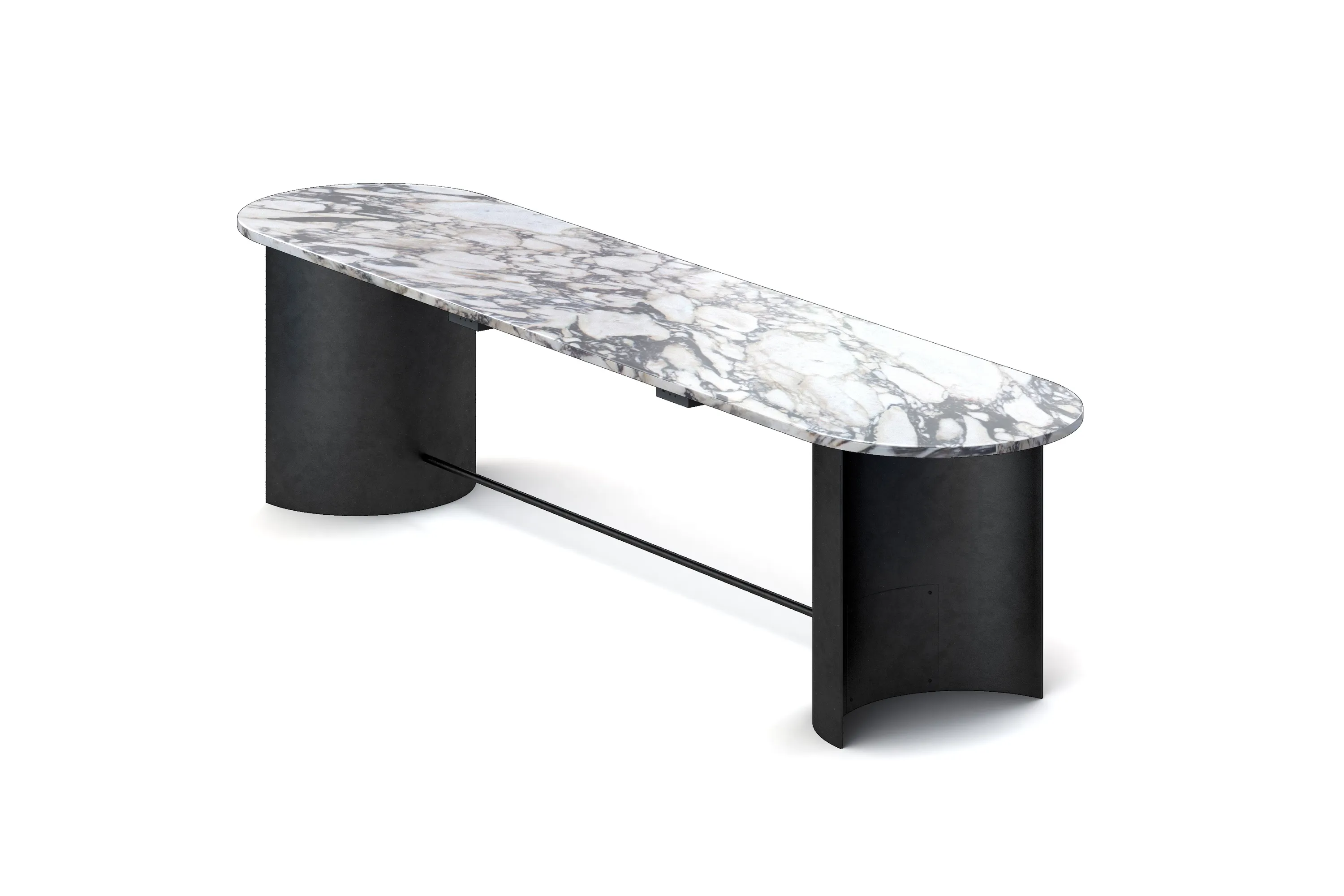 custom stone work table rendering with a steel crescent-shaped base and power units by Icon Modern