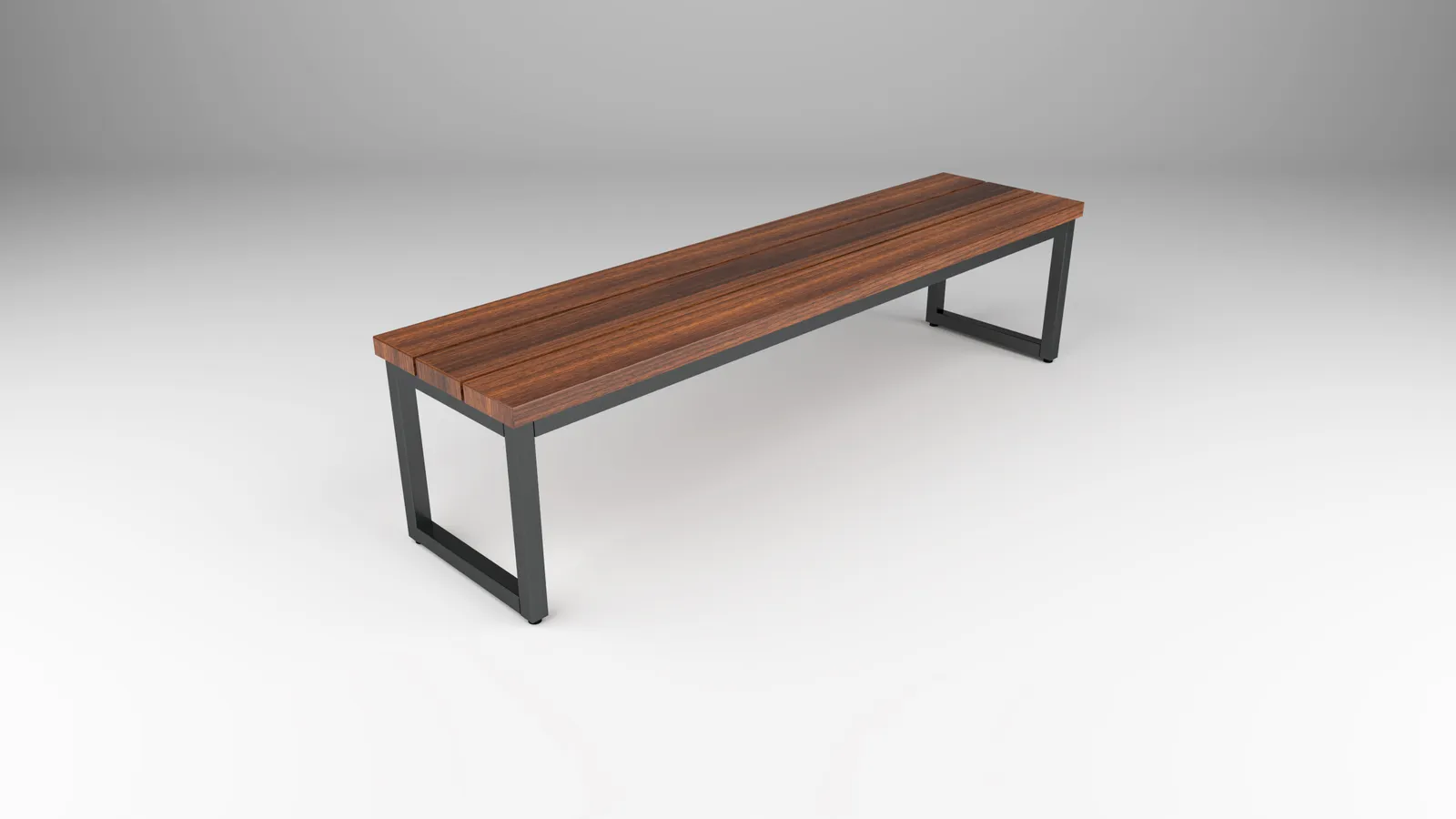 outdoor bench in wood with steel strap-style base