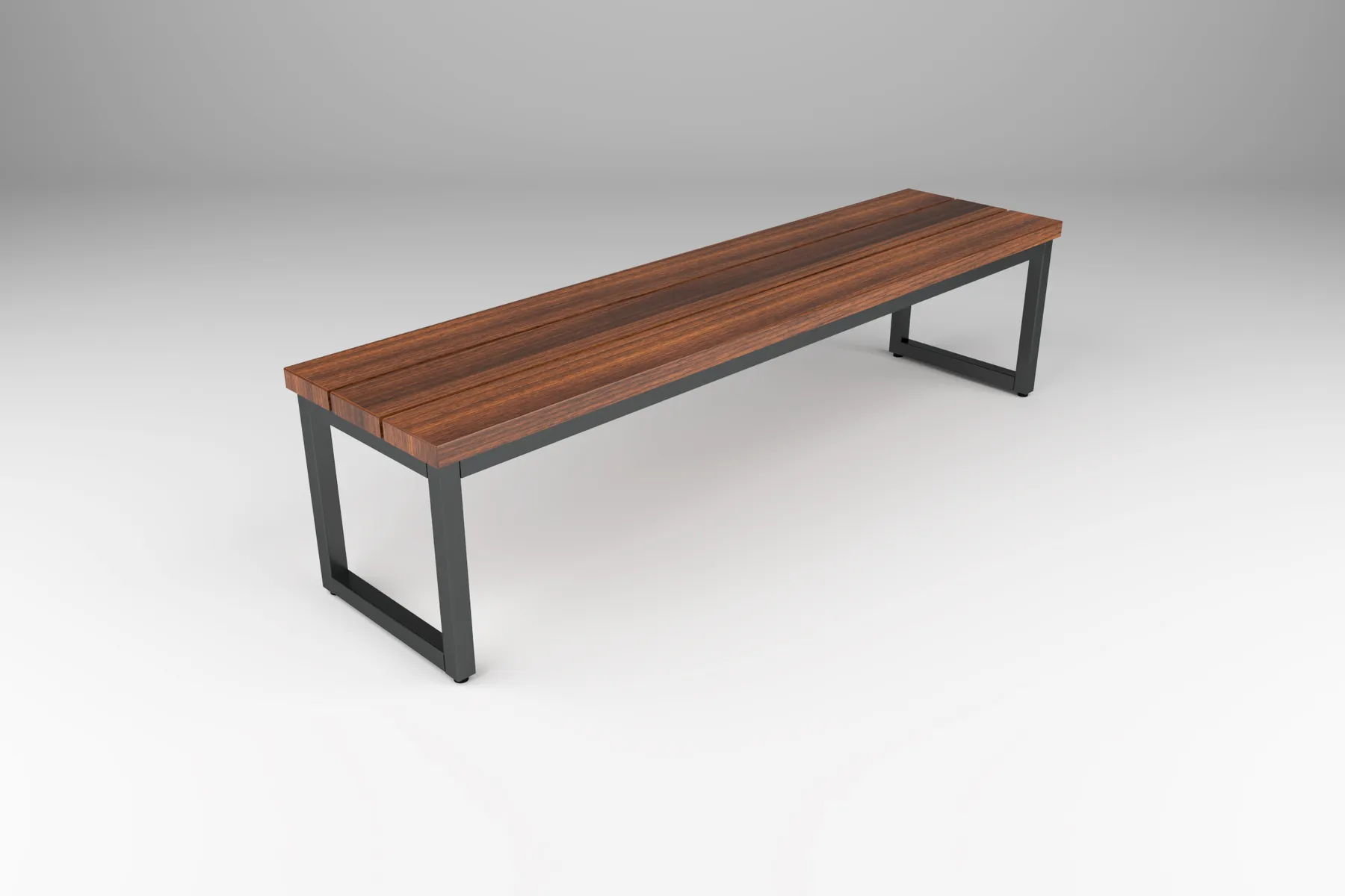 outdoor bench in wood with steel strap-style base
