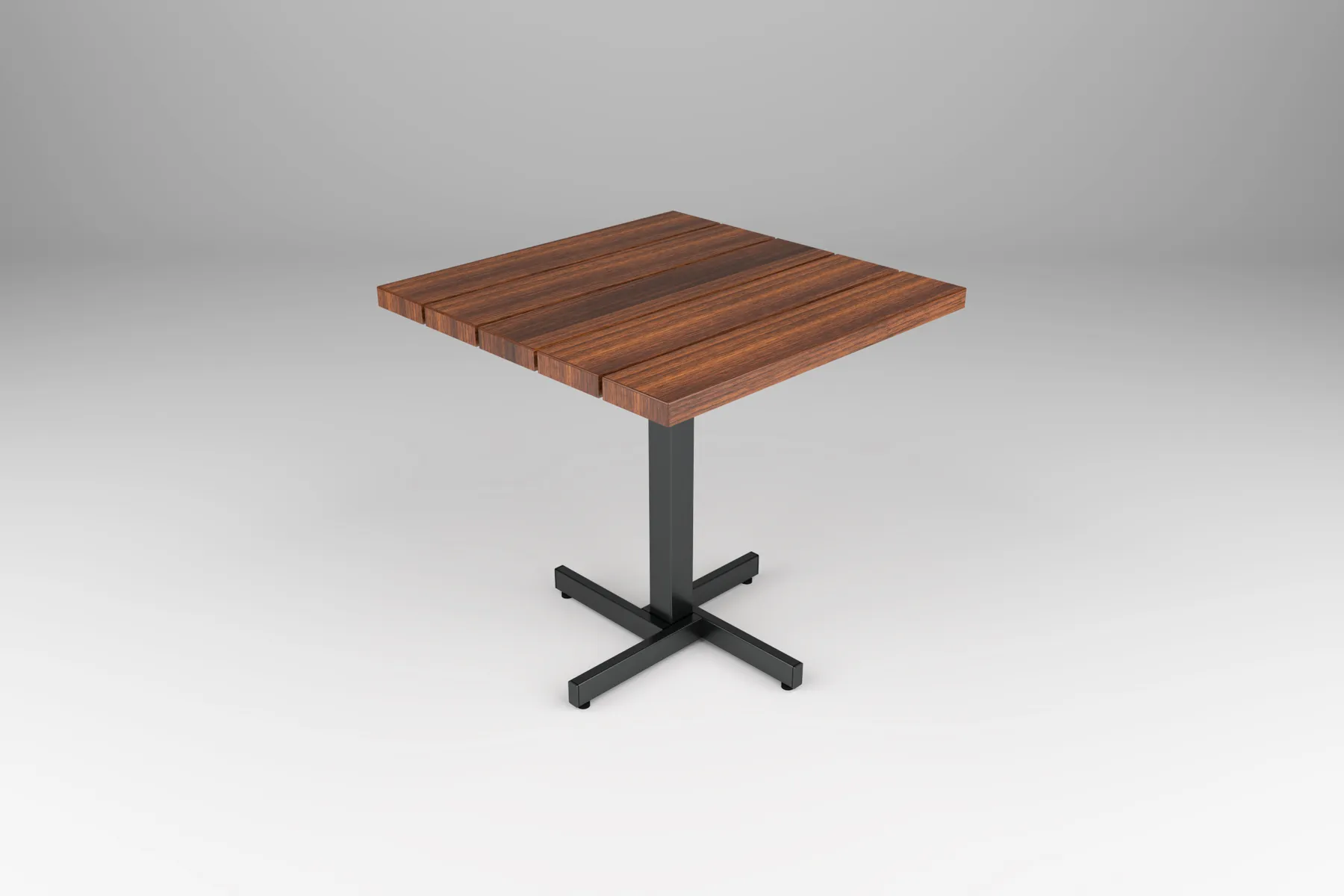 outdoor cafe table in wood slat-style top with steel base