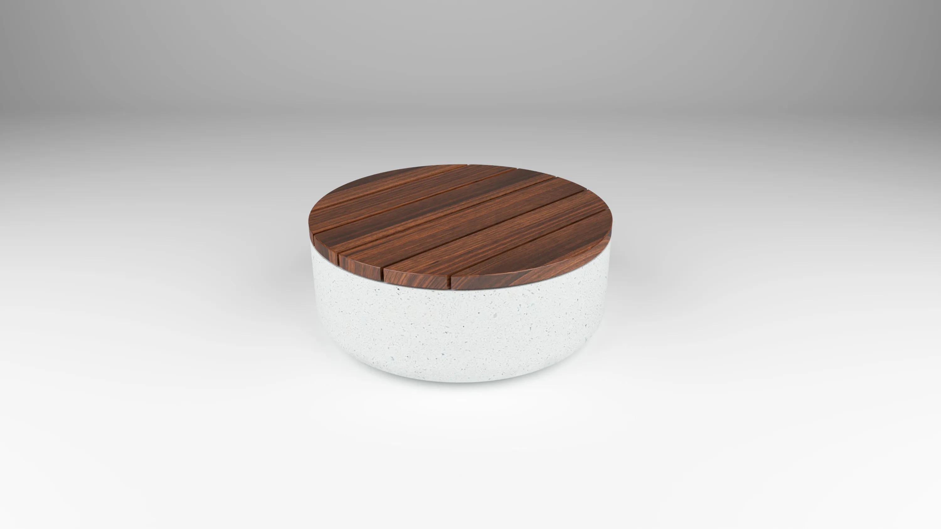 outdoor coffee table in wood with Zachary A Design base by Icon Modern