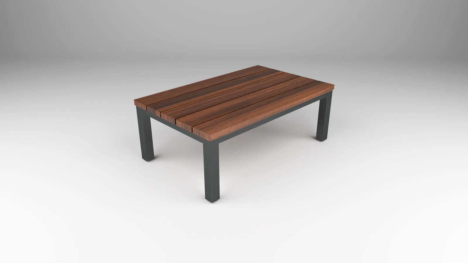 outdoor coffee table with wood slat-style top with steel post base by Icon Modern