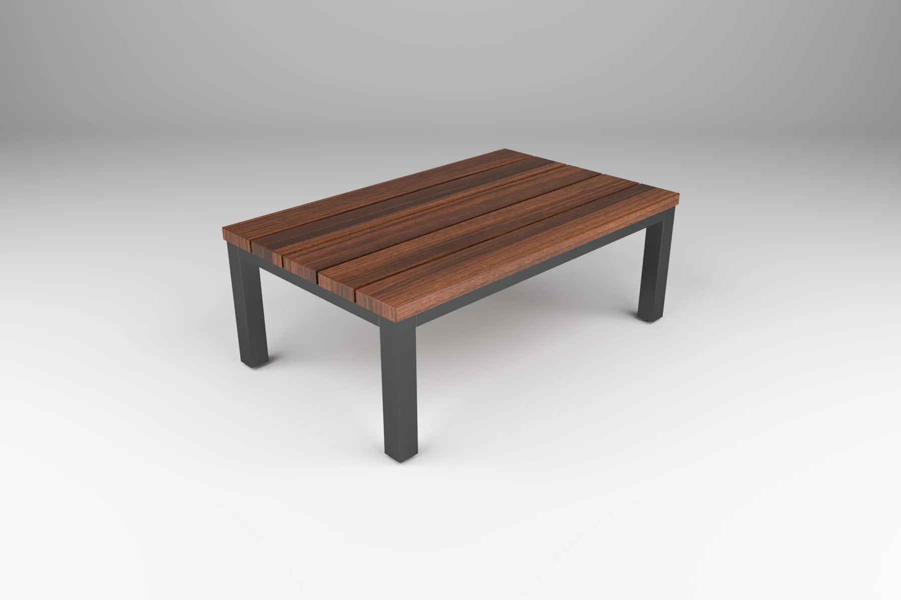 outdoor coffee table with wood slat-style top with steel post base by Icon Modern
