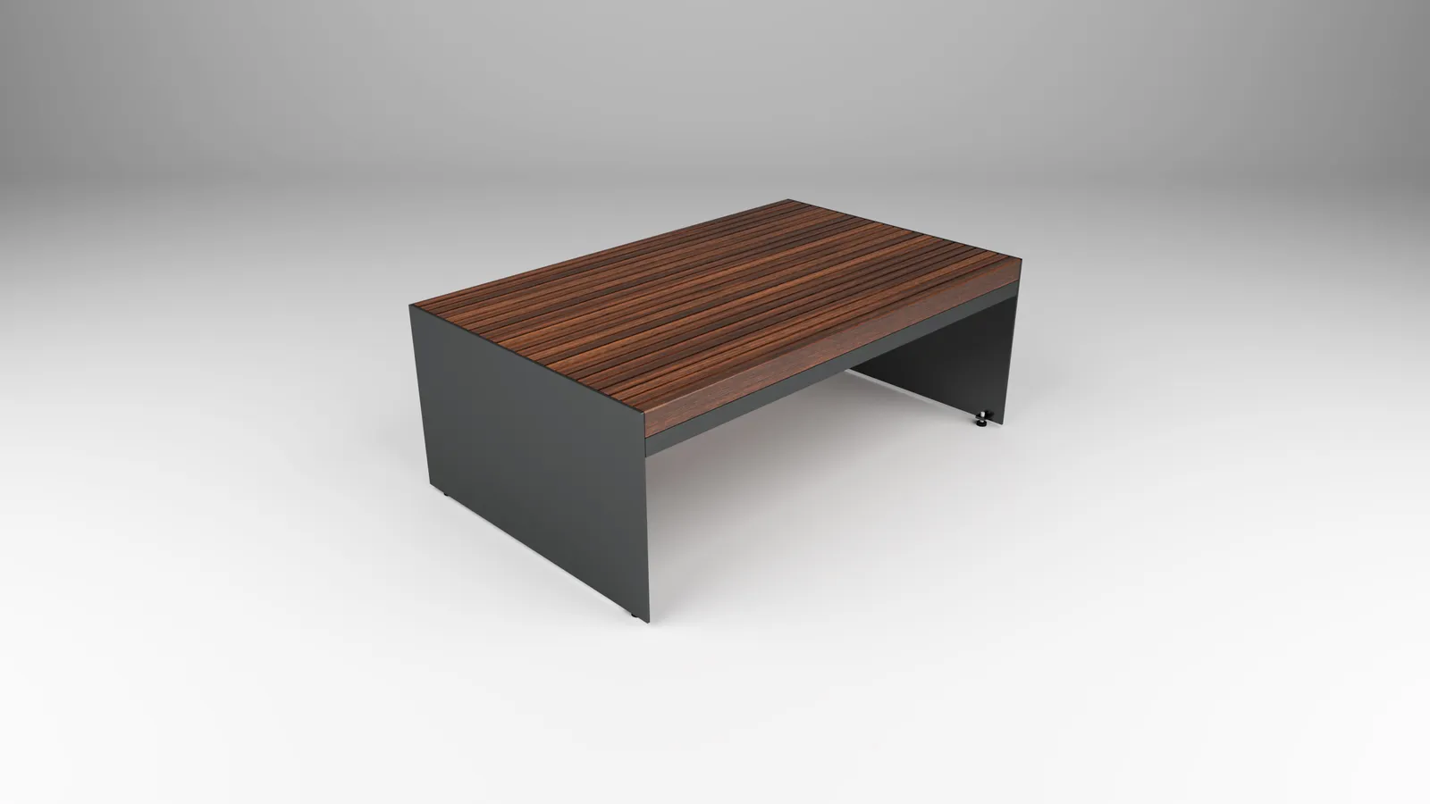 outdoor coffee table in wood with steel panel base by Icon Modern