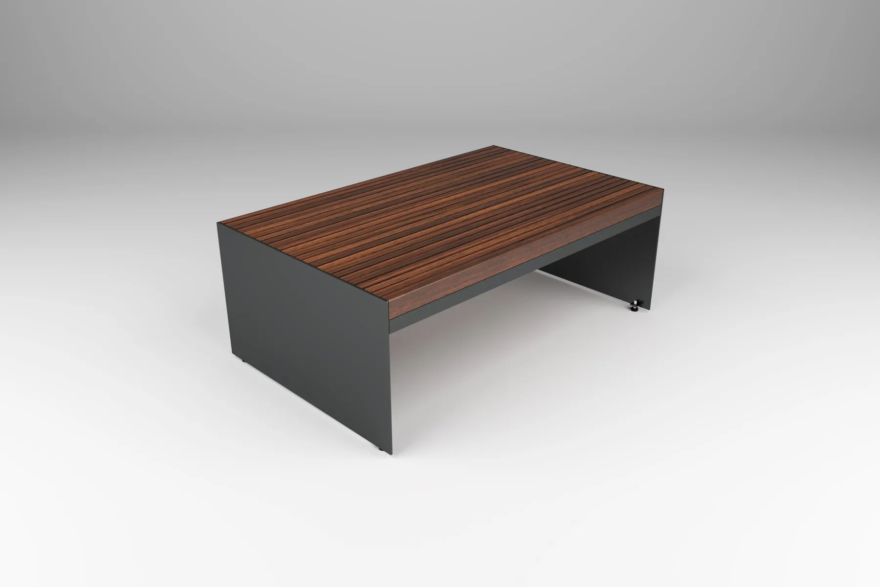 outdoor coffee table in wood with steel panel base by Icon Modern