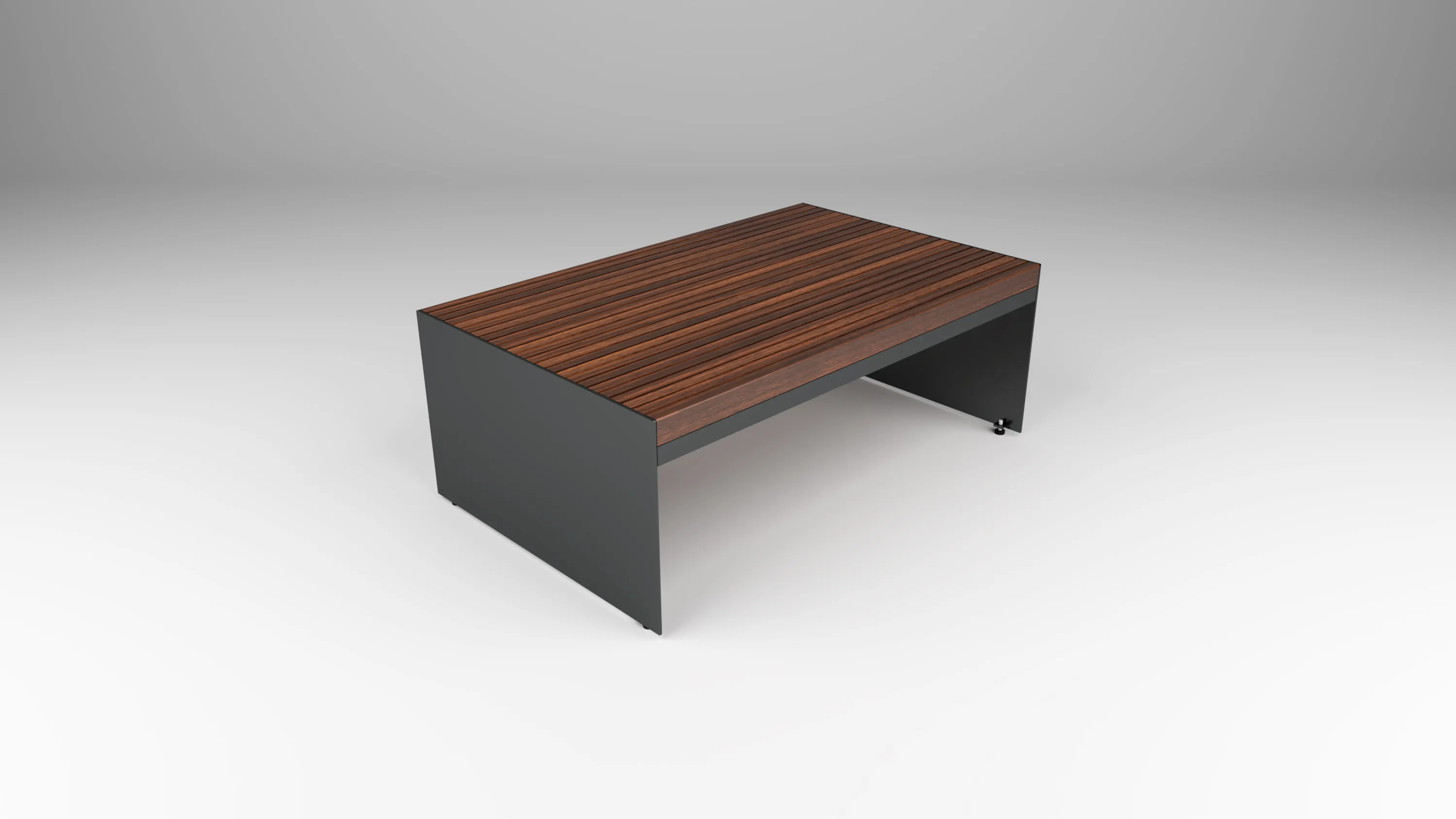 outdoor coffee table in wood with steel panel base by Icon Modern