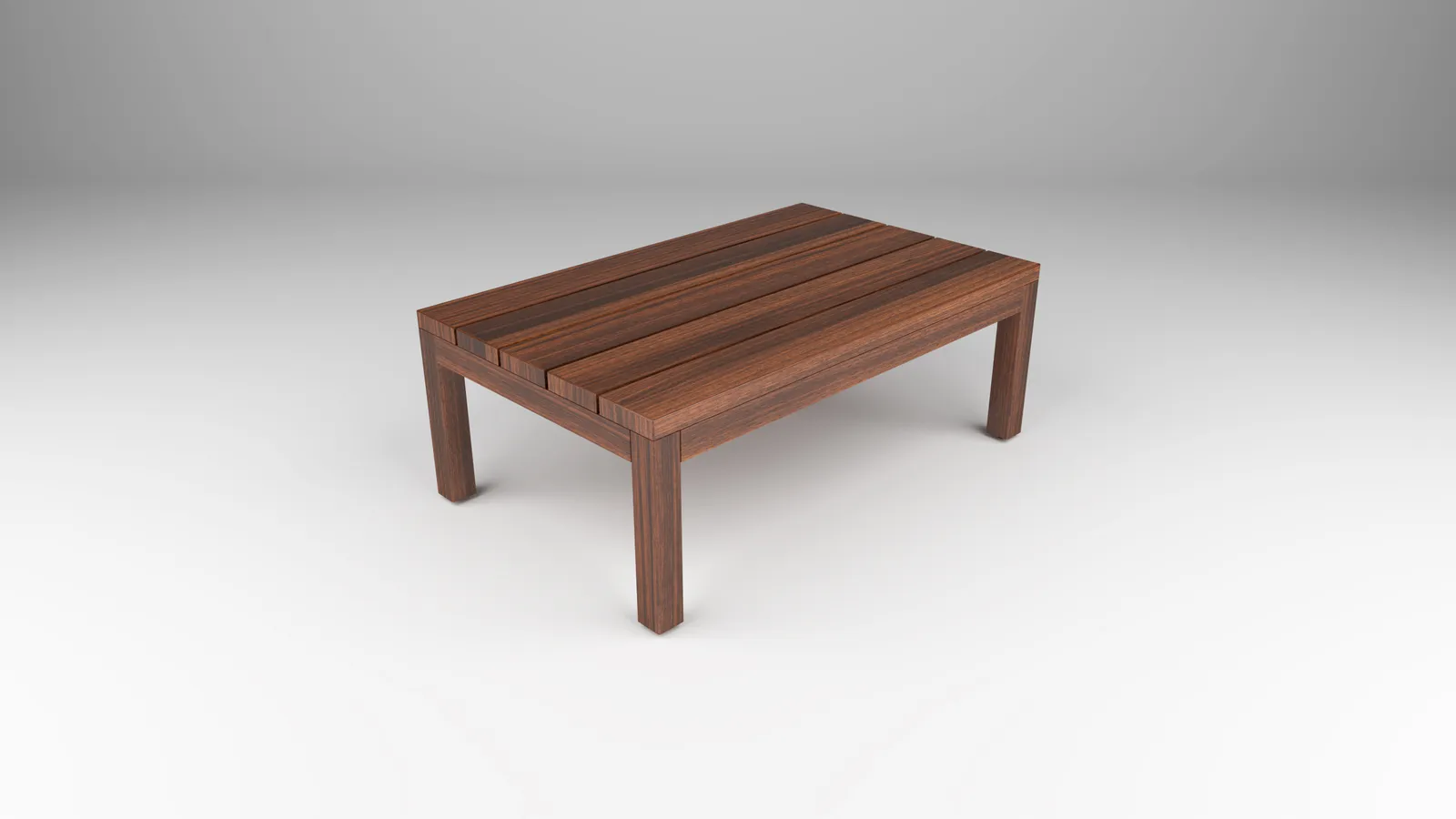 outdoor coffee table with wood slat-style top and wood post base by Icon Modern