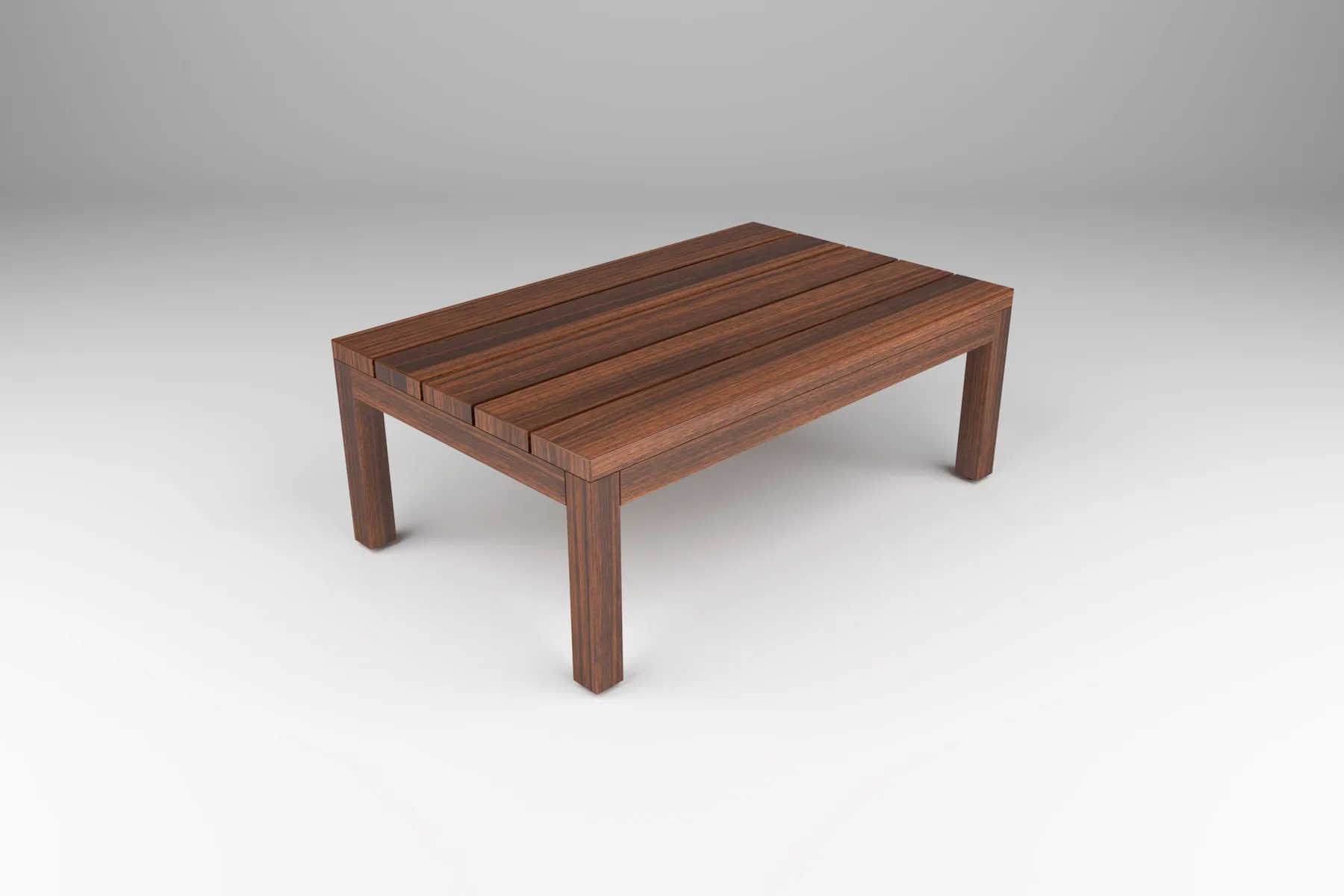 outdoor coffee table with wood slat-style top and wood post base by Icon Modern