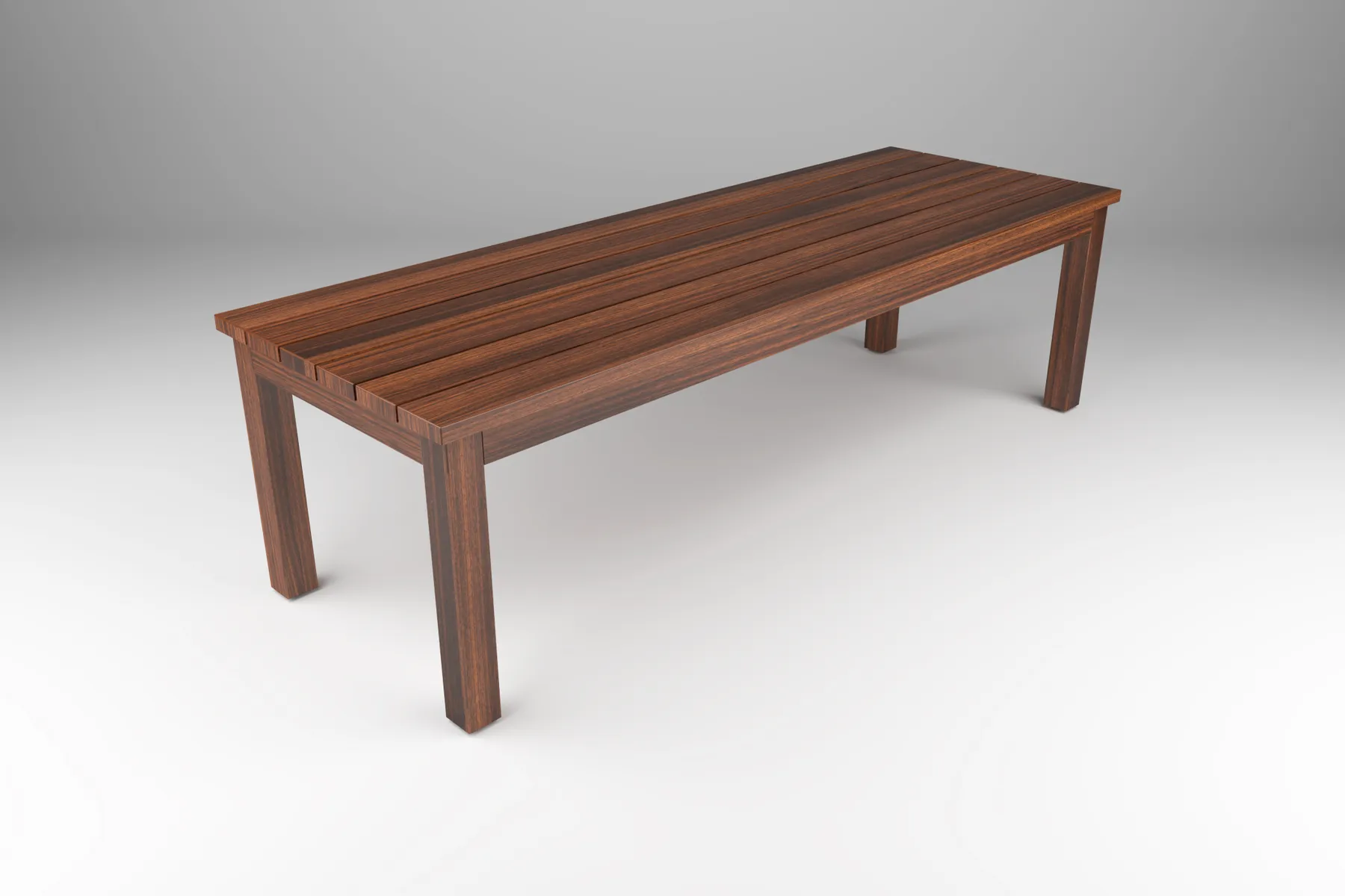 outdoor table with wood slat-style top with wood post base by Icon Modern