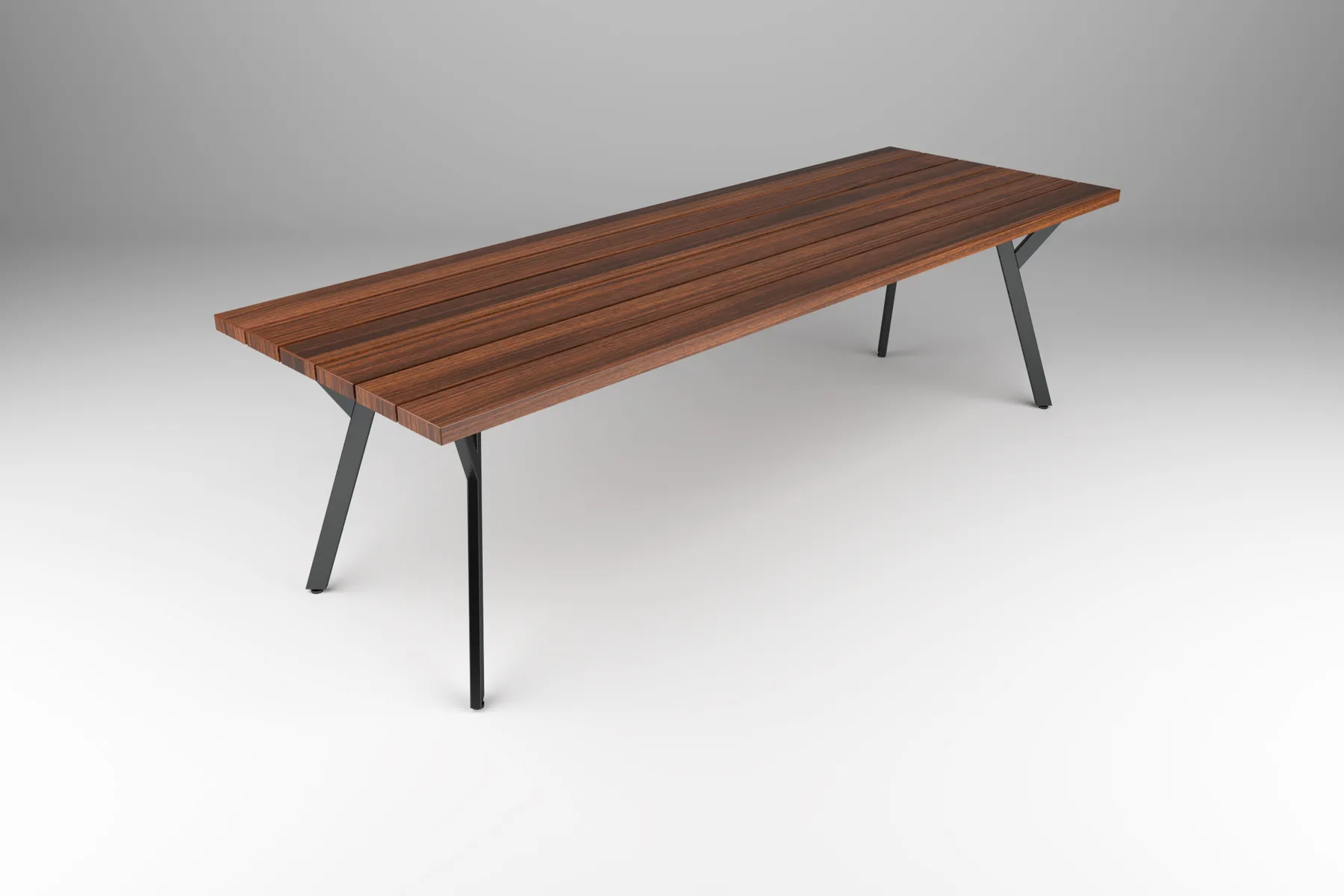 outdoor table with  wood slat-style top and steel angled base by Icon Modern