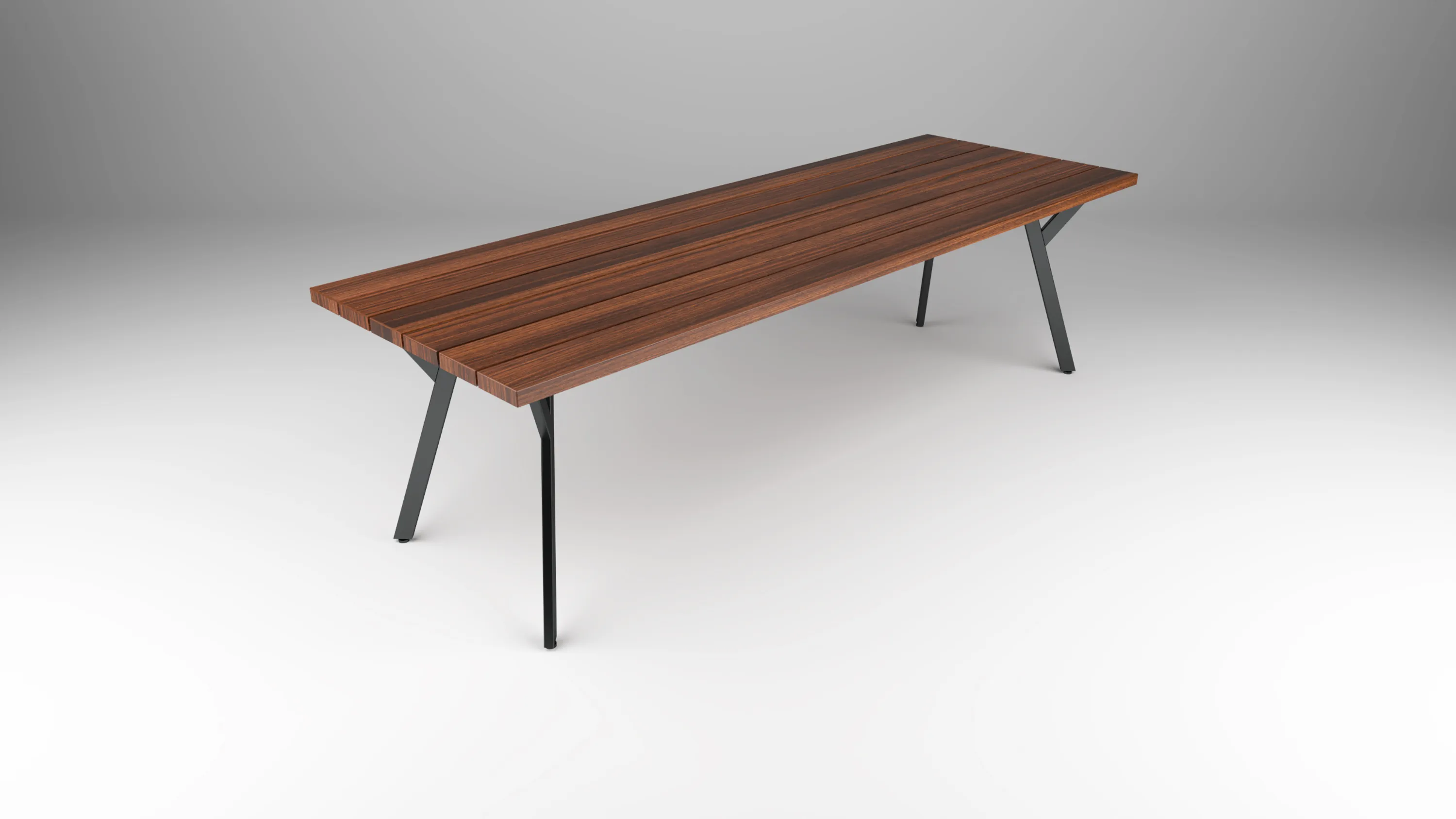 outdoor table with  wood slat-style top and steel angled base by Icon Modern