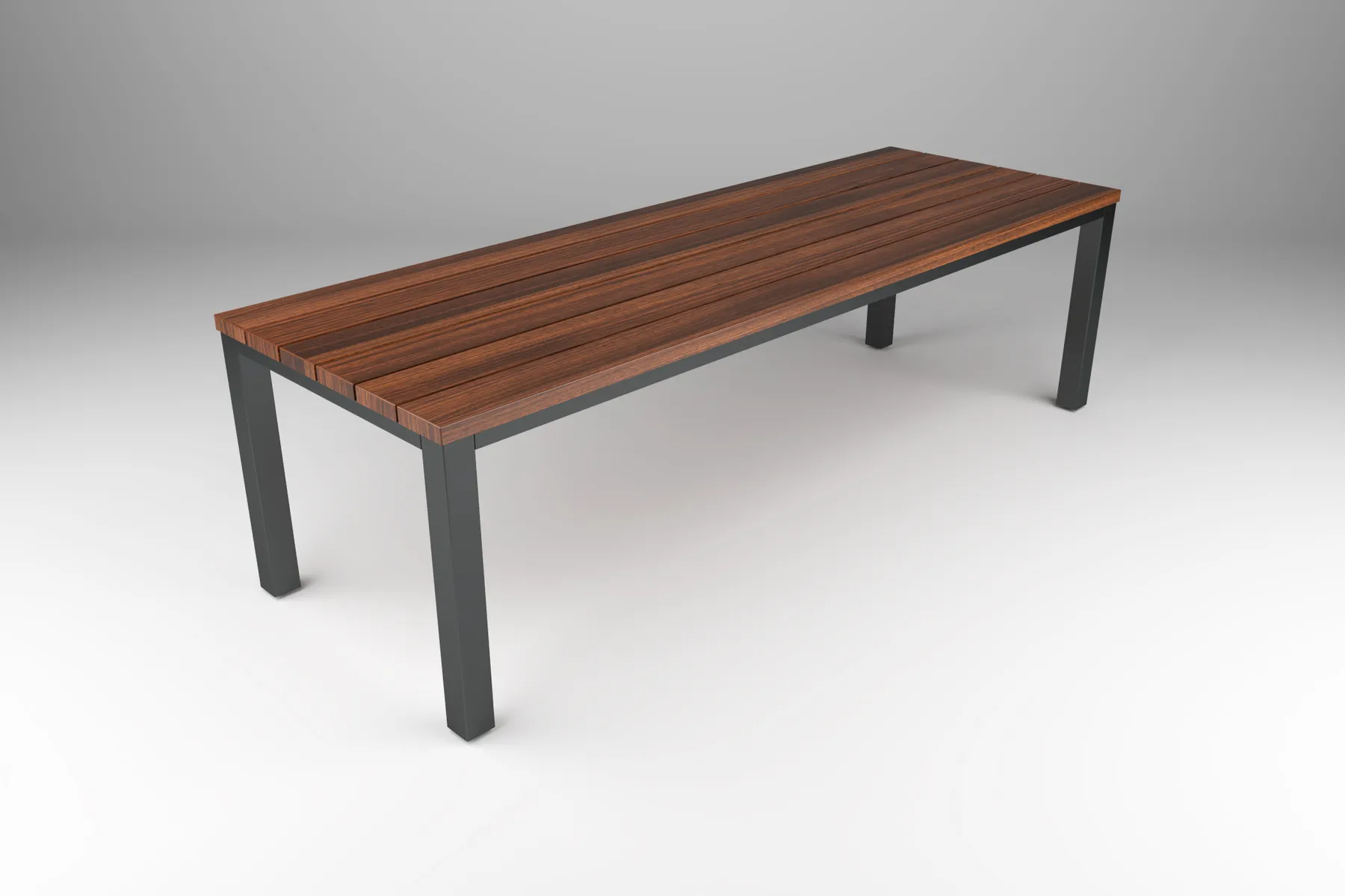outdoor table with wood slat-style top and steel post base
