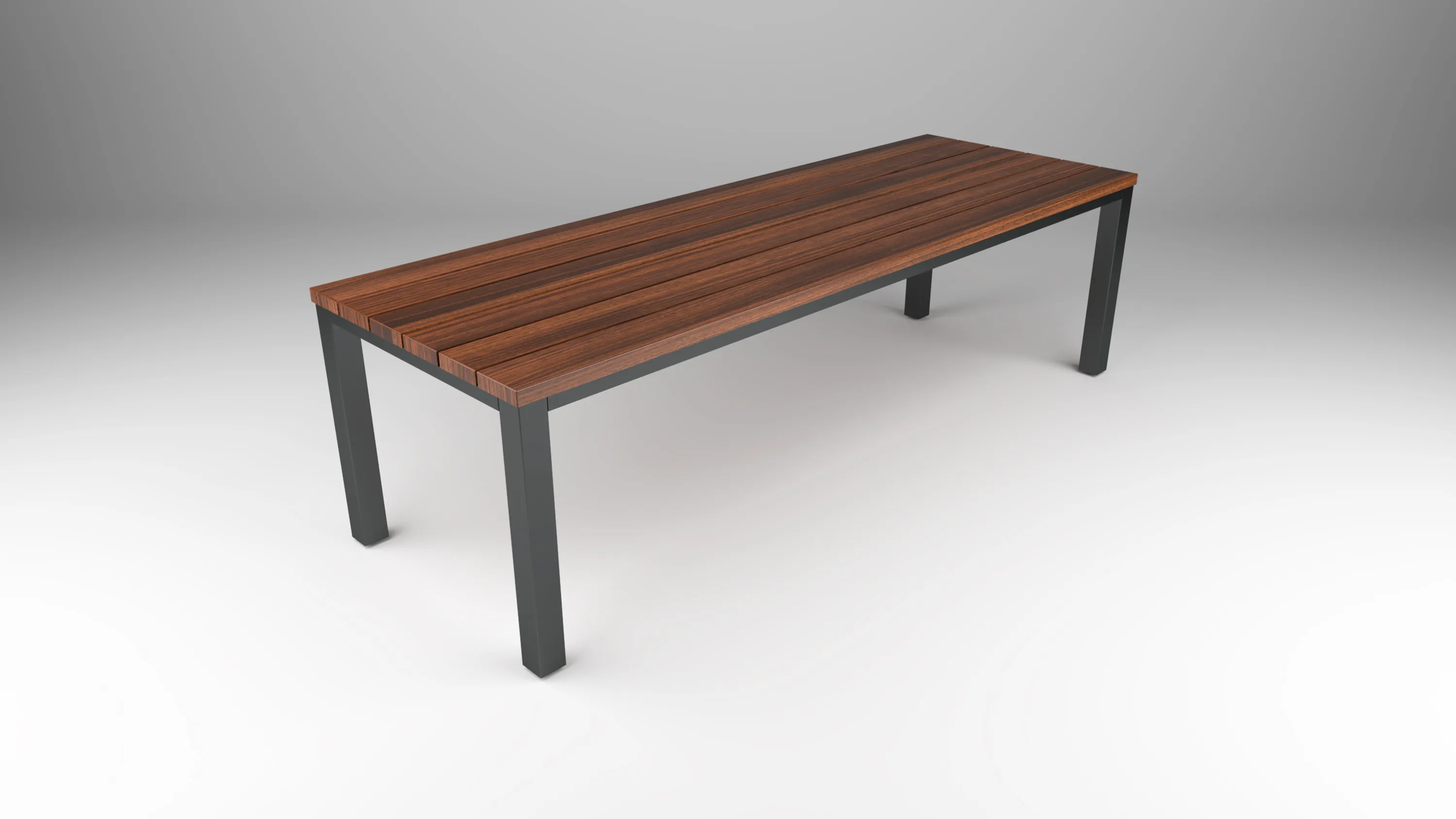 outdoor table with wood slat-style top and steel post base