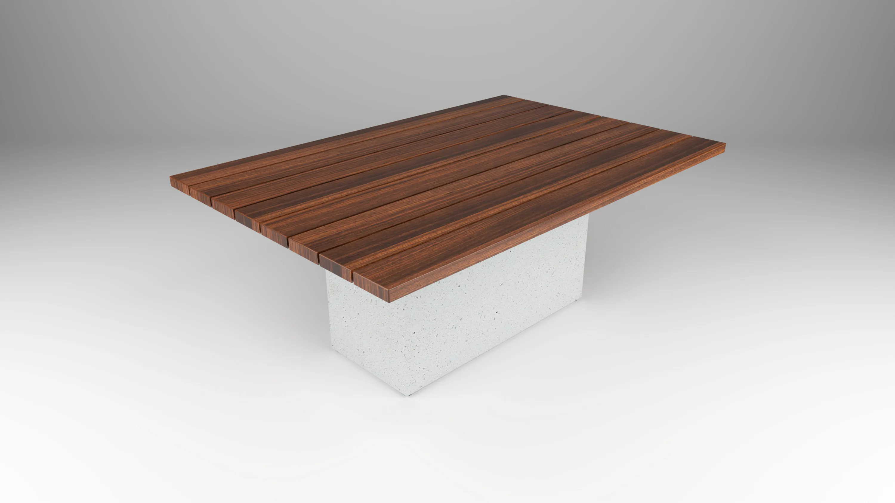 outdoor table with wood slat-style top and Zachary A Studio block base by Icon Modern