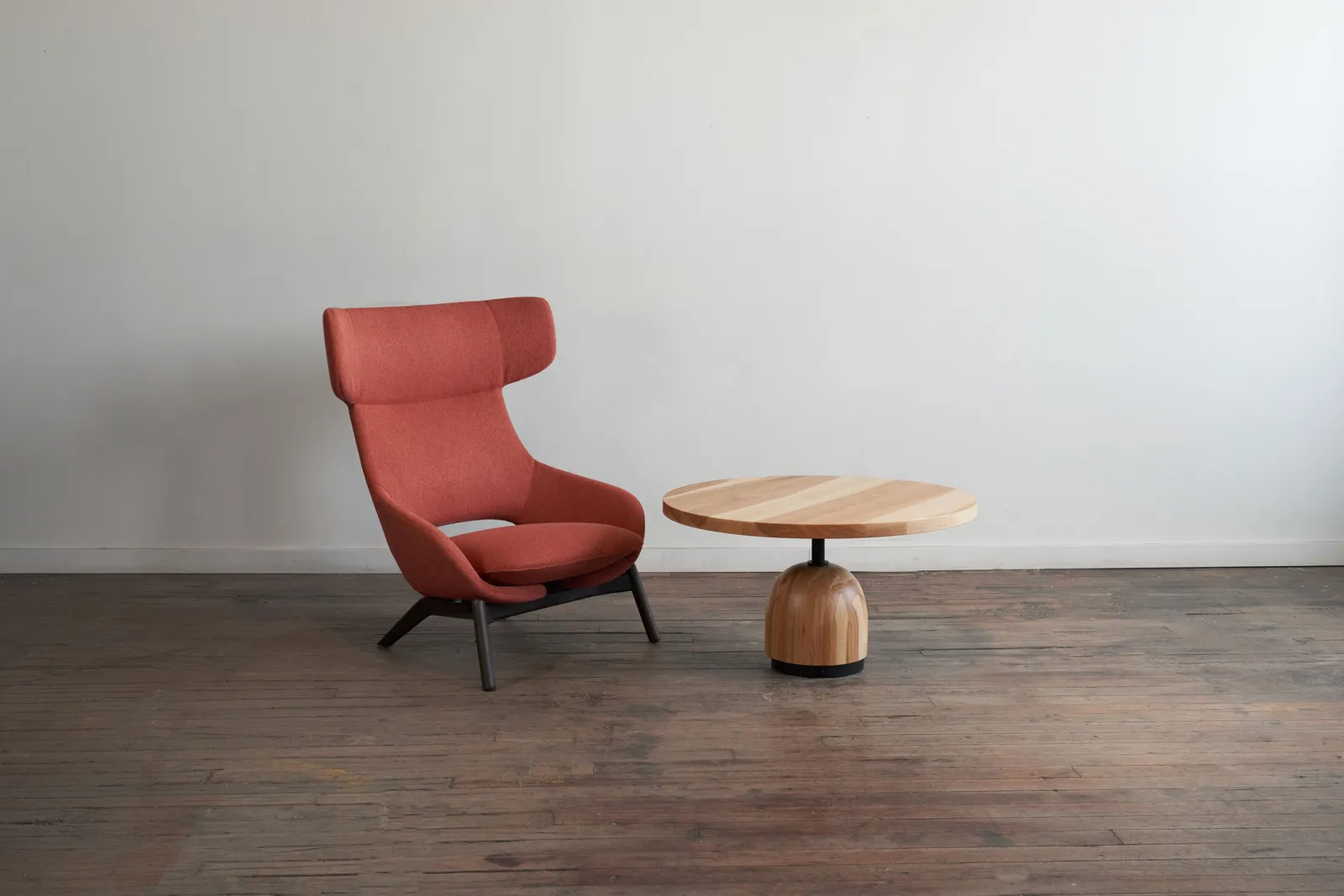 custom coffee table in urban hickory with hickory turned base by Icon Modern