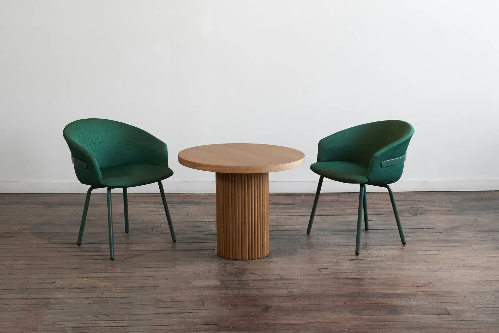 custom cafe table in urban oak wood with oak tambour base by Icon Modern