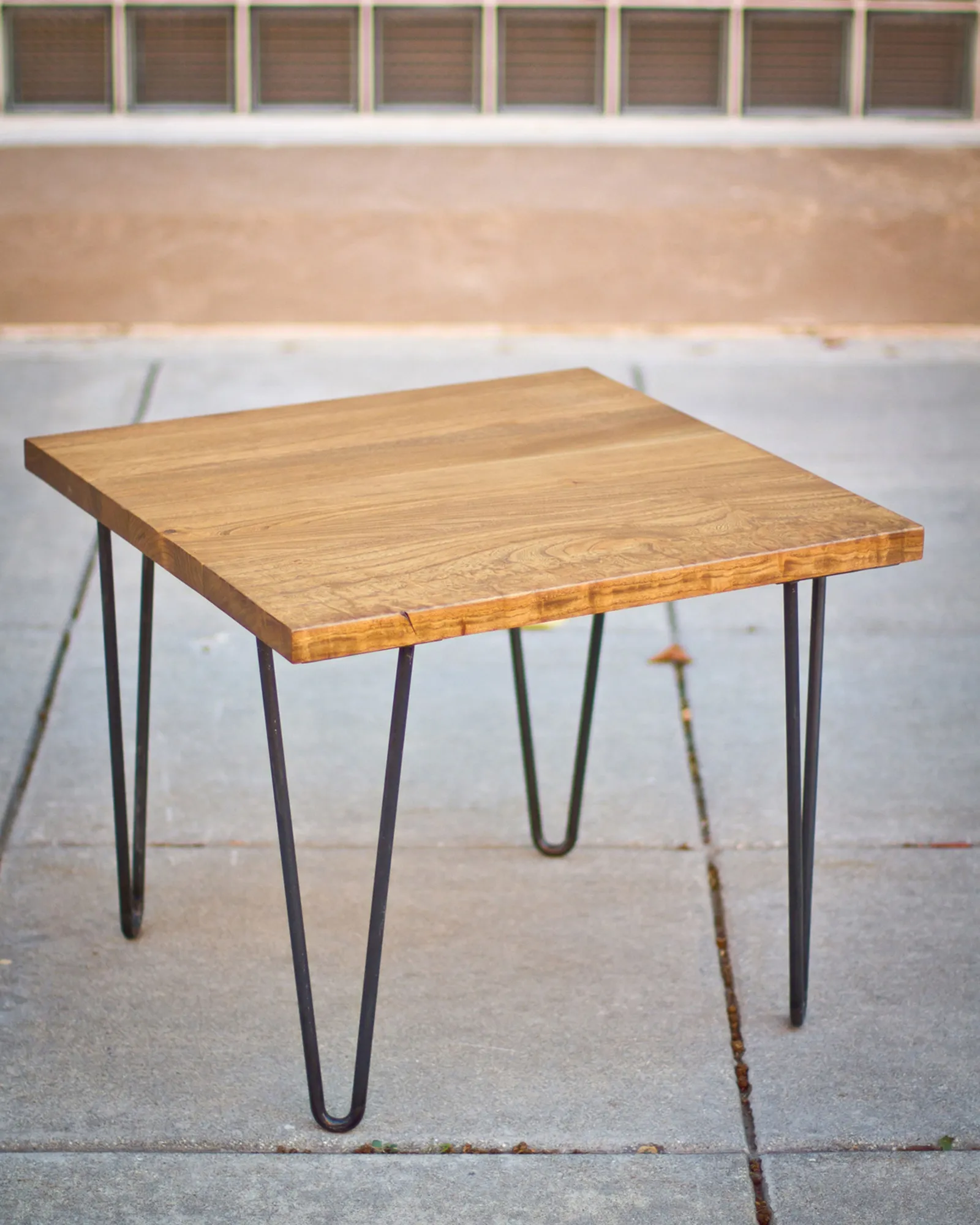 custom side table in urban wood with hairpin legs by Icon Modern