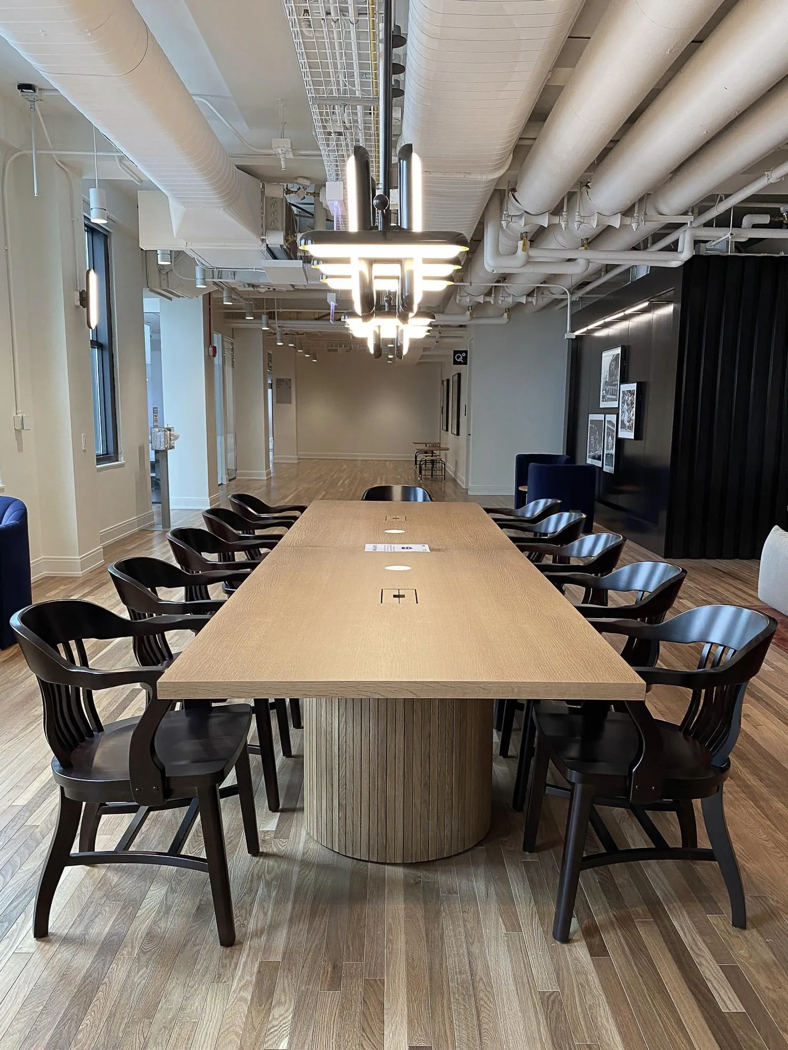 custom oak veneer table with dual tambour drum bases by Icon Modern