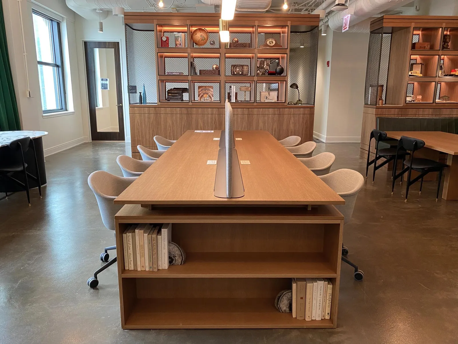custom library room table in oak veneer with shelving by Icon Modern
