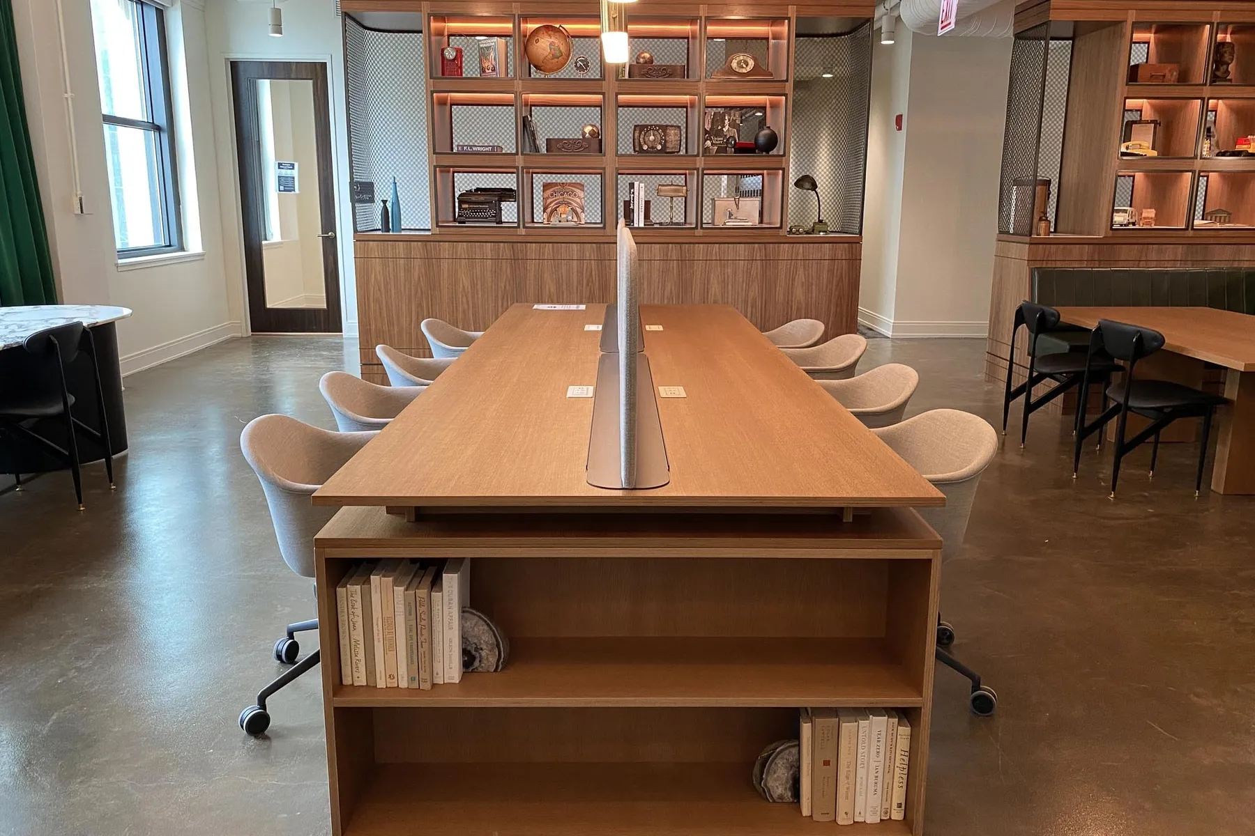 custom library room table in oak veneer with shelving by Icon Modern