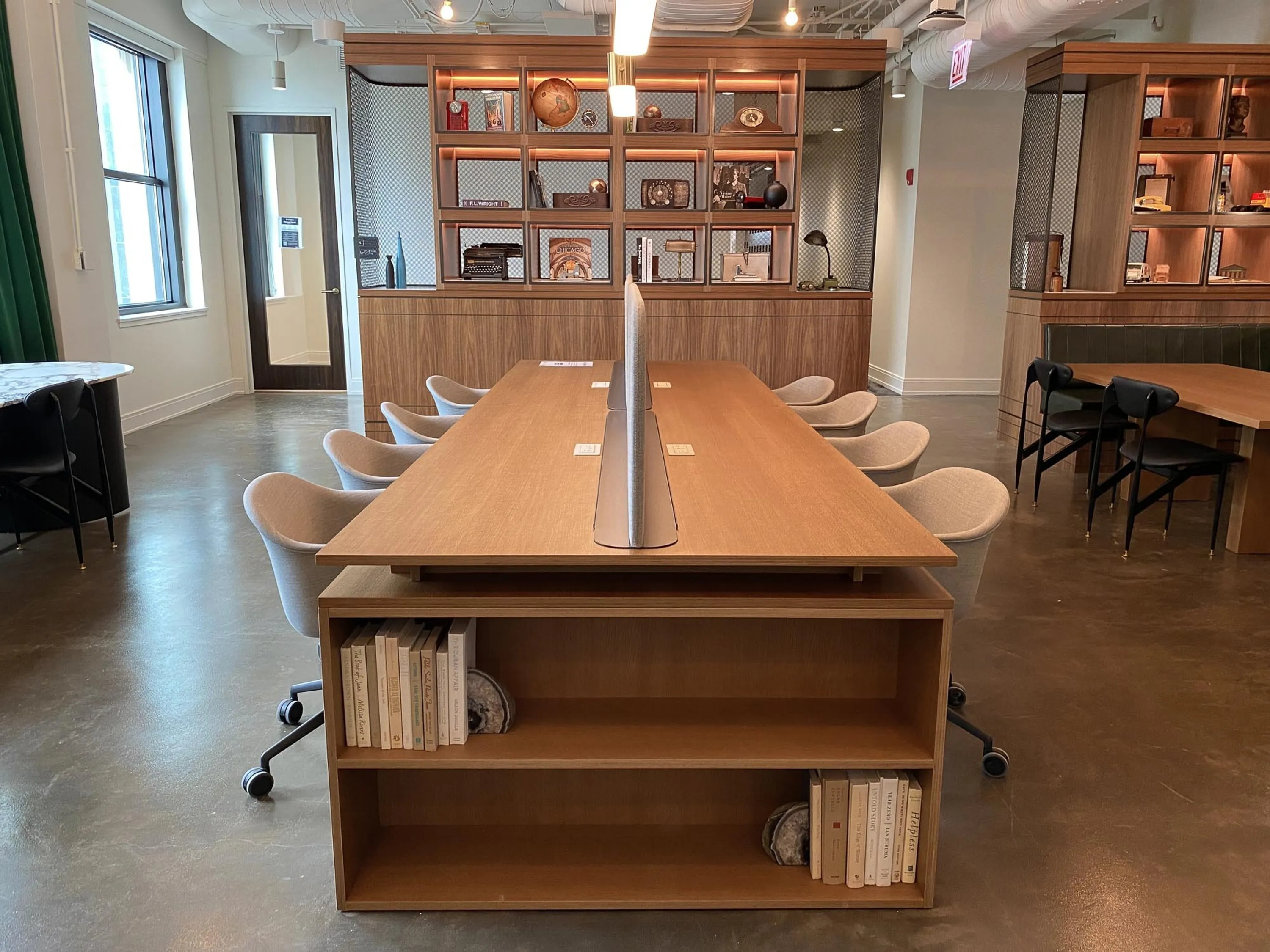 custom library room table in oak veneer with shelving by Icon Modern