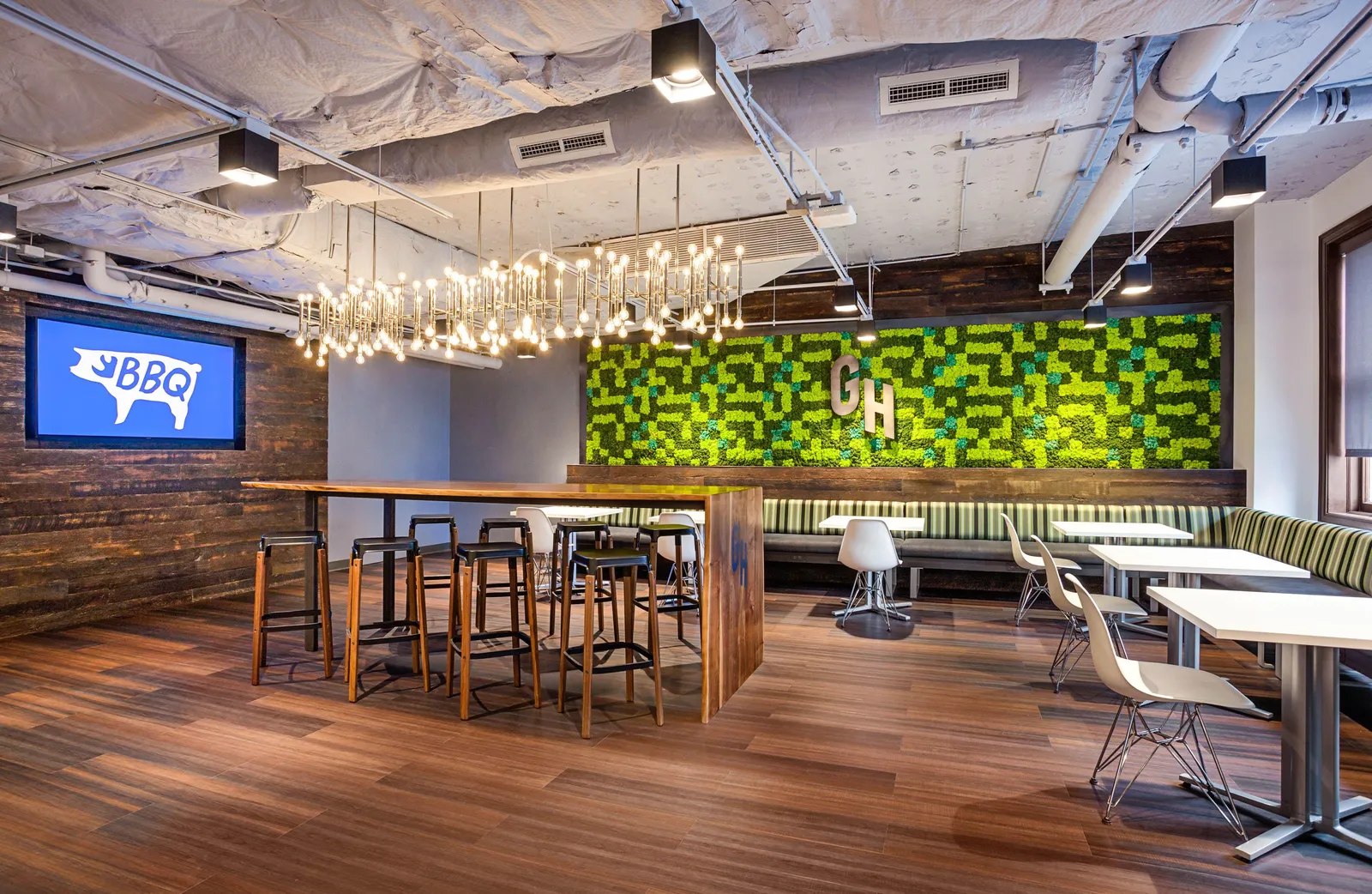 Community table bar height walnut live edge dropside waterfall branding logo by icon modern