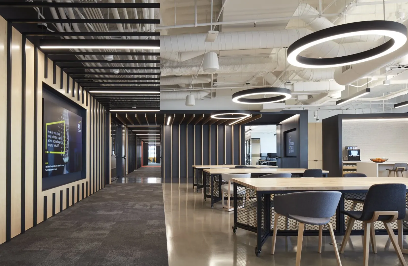 custom community tables in butcher block with metal mesh steel bases by Icon Modern