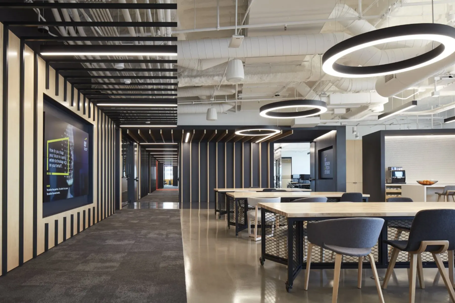 custom community tables in butcher block with metal mesh steel bases by Icon Modern
