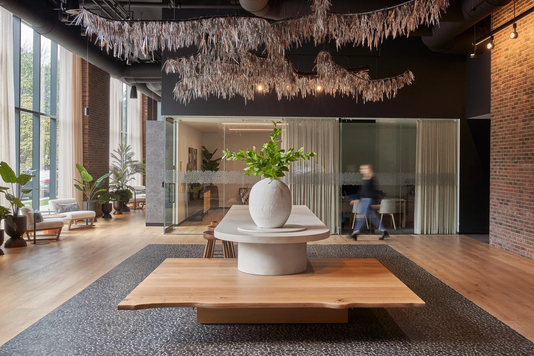 custom live edge ash bench with concrete community table by Icon Modern