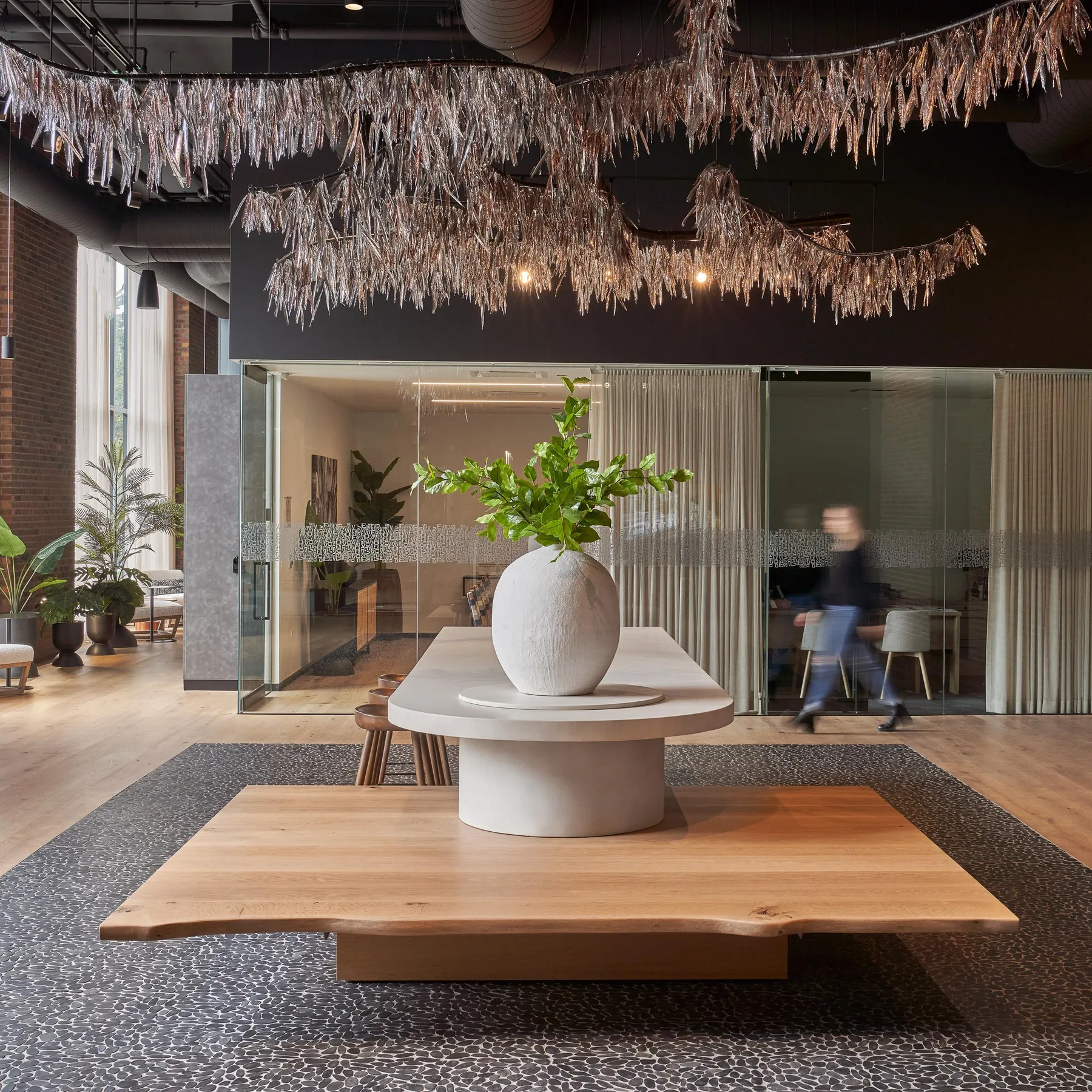 custom live edge ash bench with concrete community table by Icon Modern