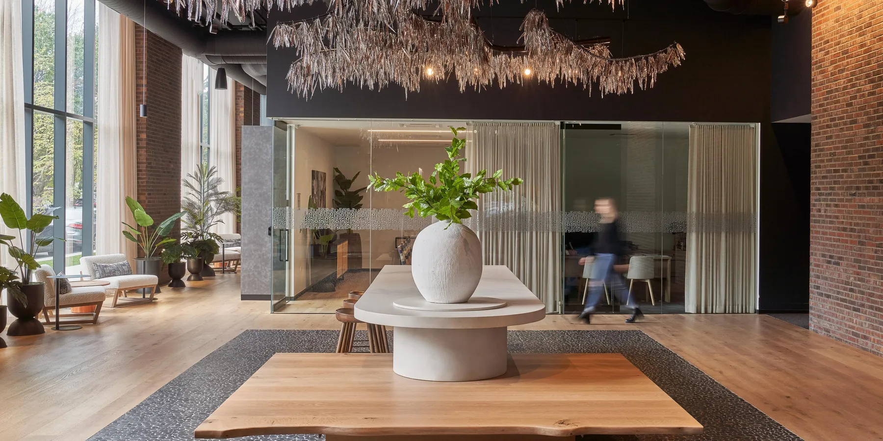 custom live edge ash bench with concrete community table by Icon Modern