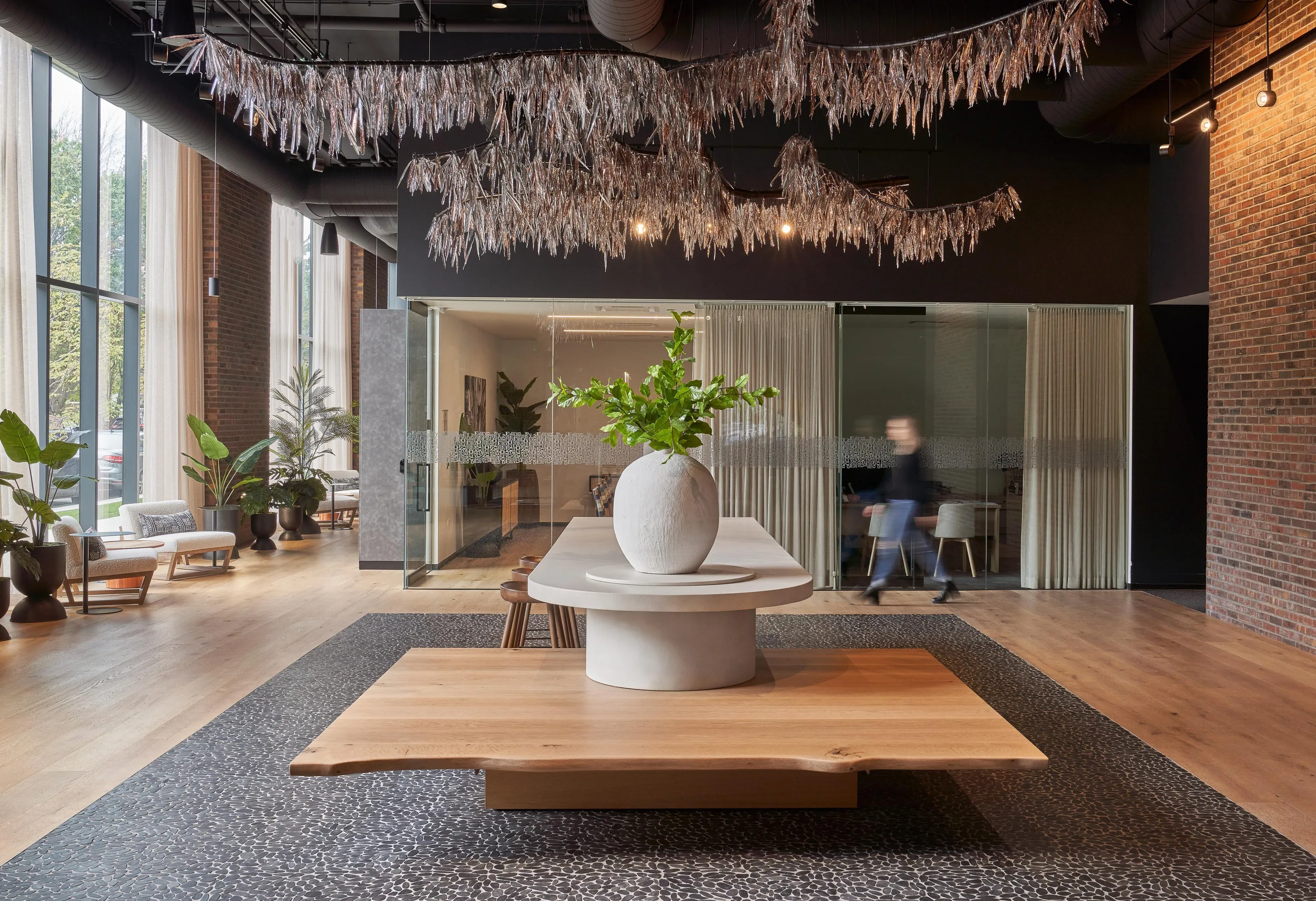 custom live edge ash bench with concrete community table by Icon Modern