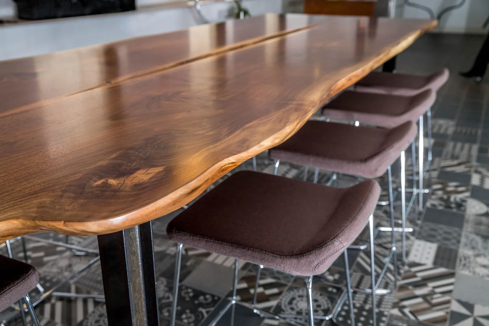 Custom community table walnut live edge center open by Icon Modern