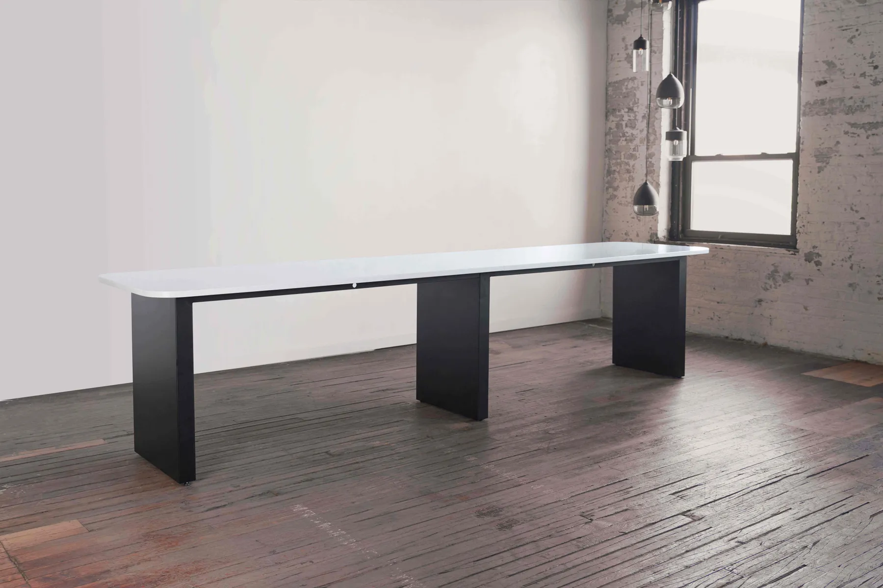 Custom community table solid surface bar height panel base by Icon Modern