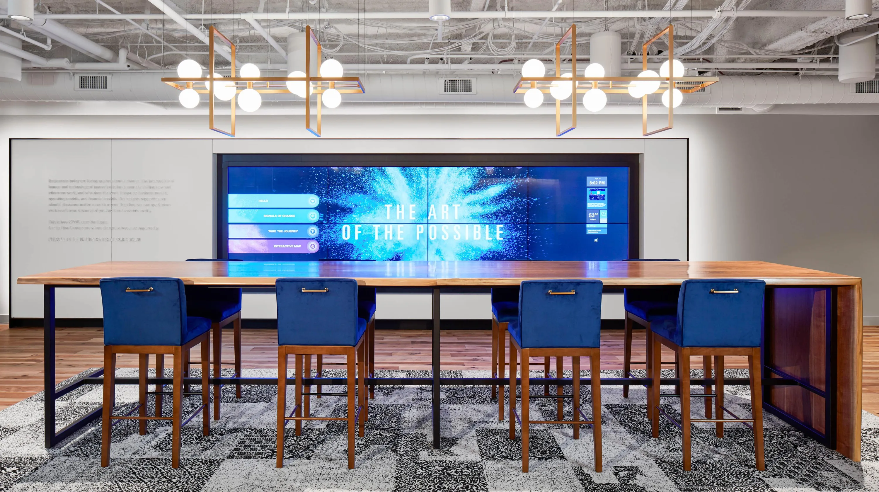 Custom urban walnut drop side bar height community table steel base by Icon Modern